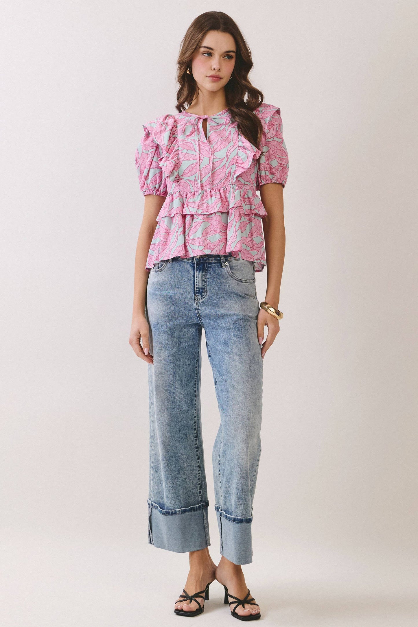 Tropical Leaf Print Ruffle Peplum Top