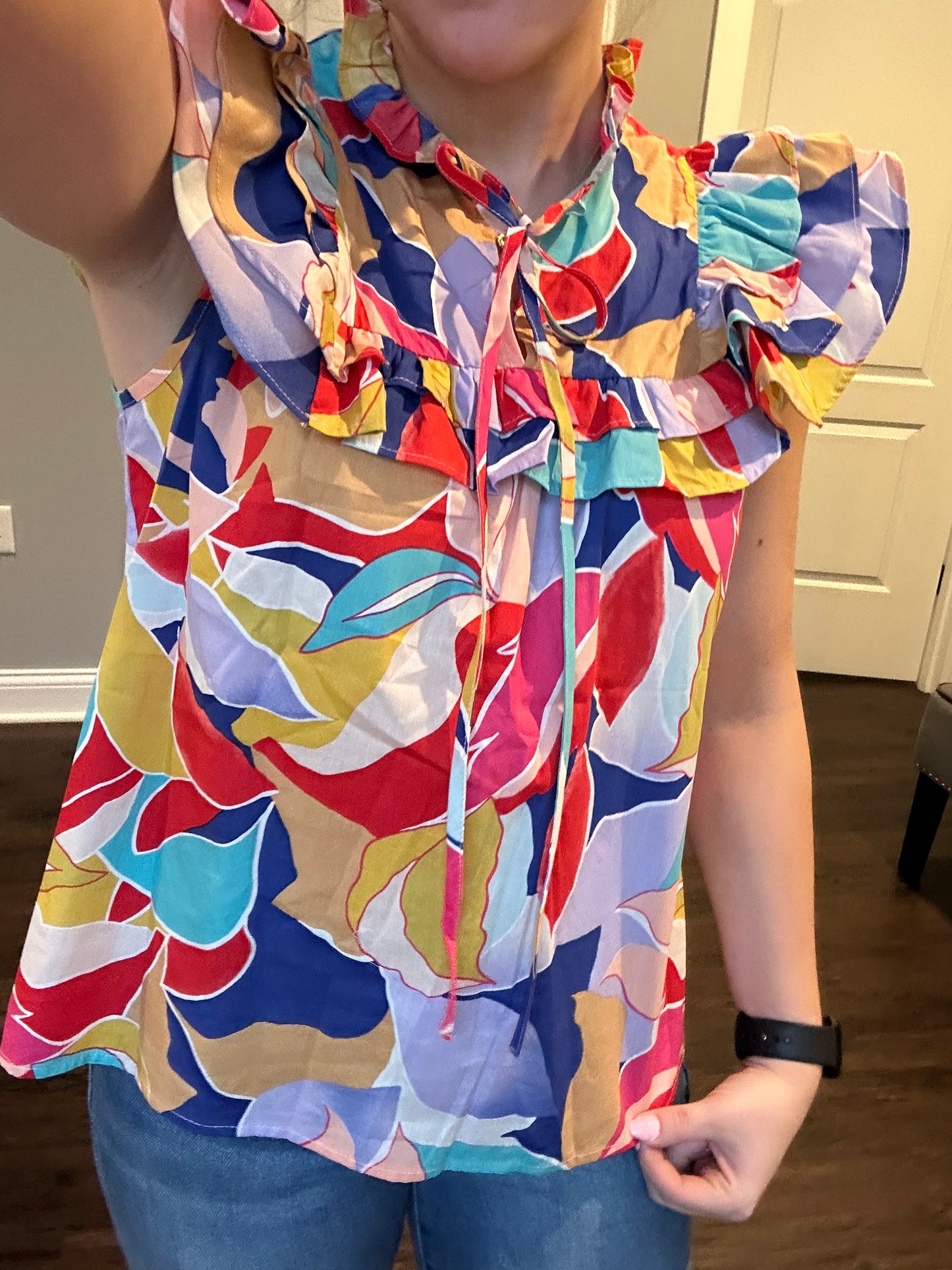 Pink Abstract Printed Ruffled Flutter Sleeve Tied Split V Neck Blouse