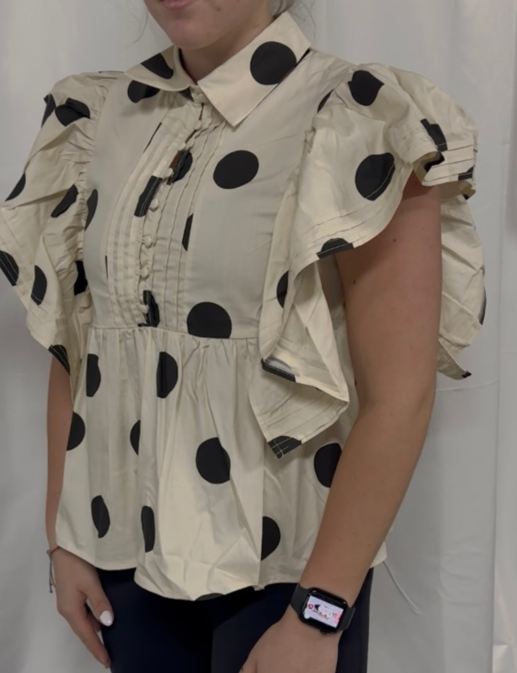 Dot Print Woven Ruffled Sleeves Button Up Top