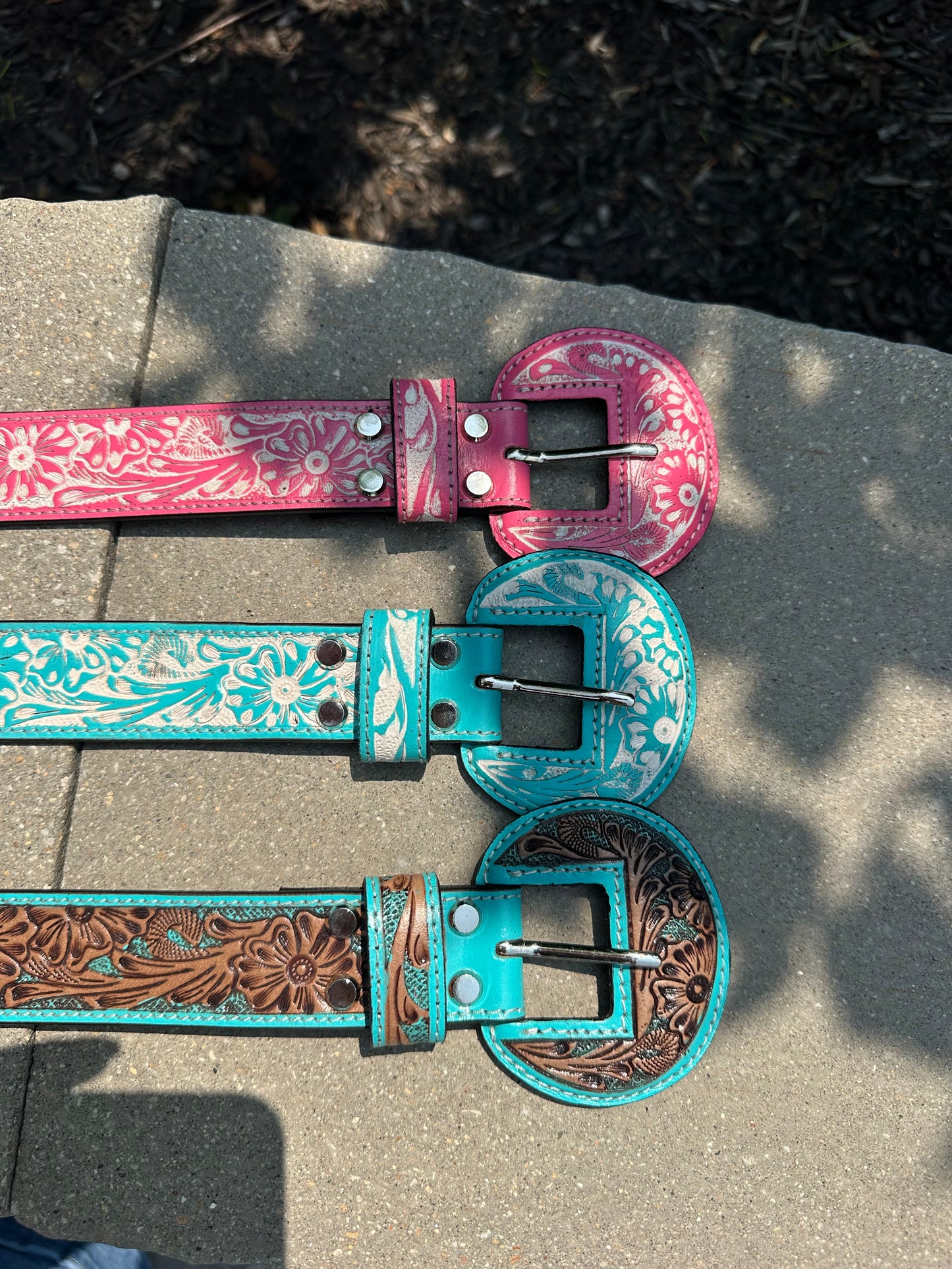 Hand Tooled Genuine Leather Wide Rounded Buckles Belt *3colors