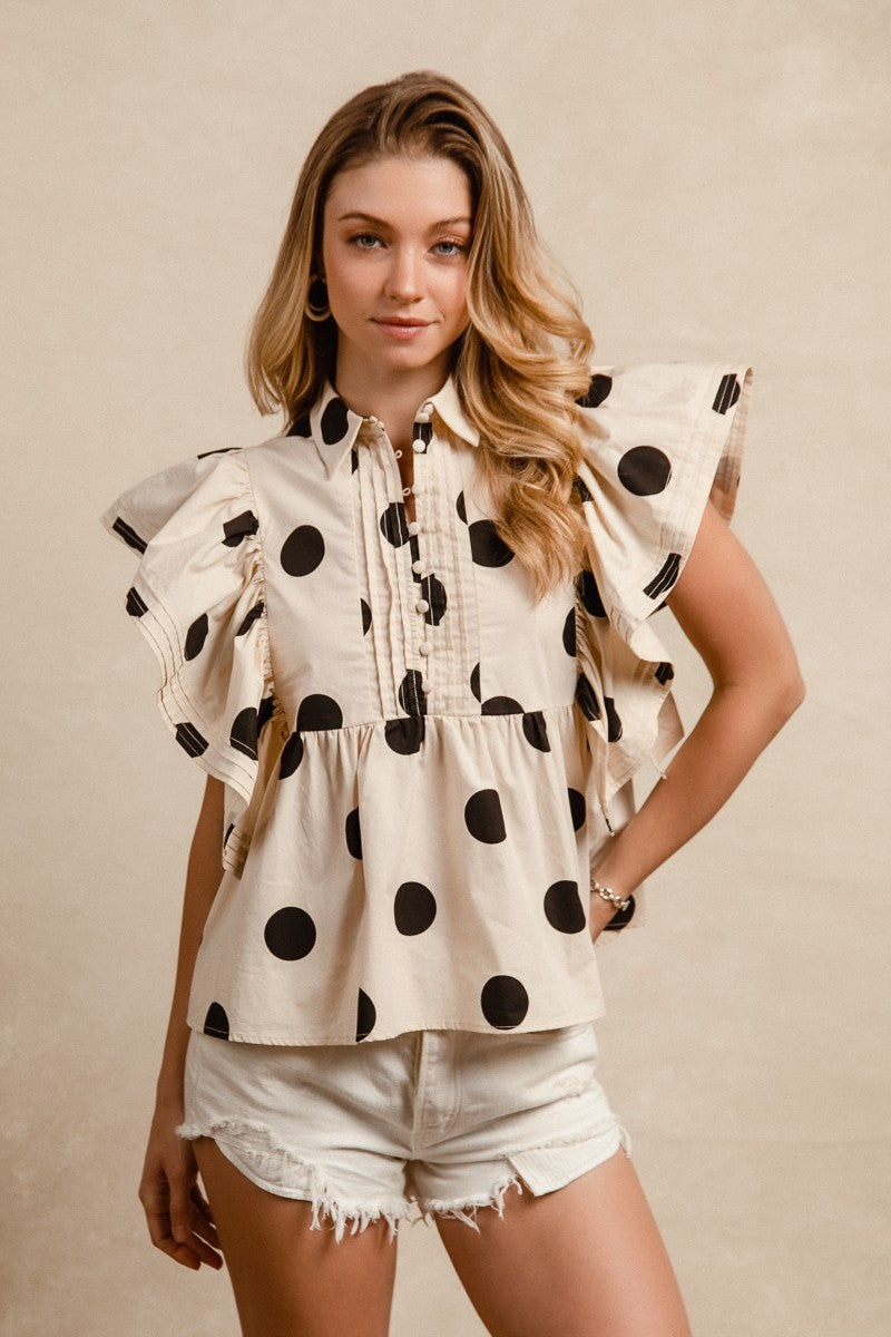 Dot Print Woven Ruffled Sleeves Button Up Top