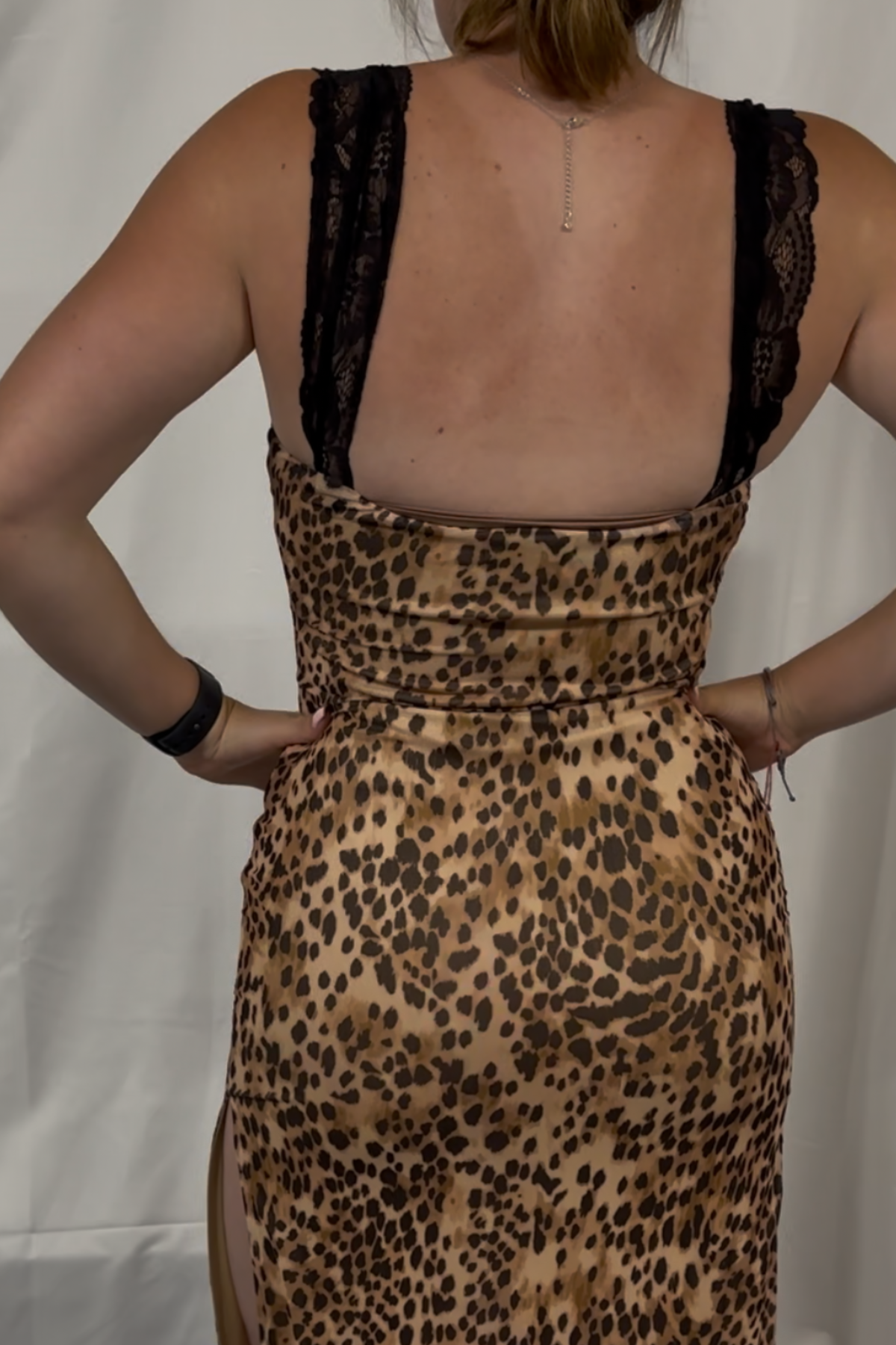 Mesh Leopard Lace Detail Side Slit Maxi Dress
