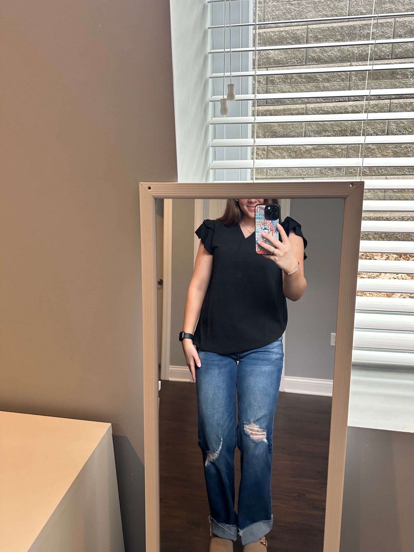 Black V Neck Ruffle Short Sleeve Blouse