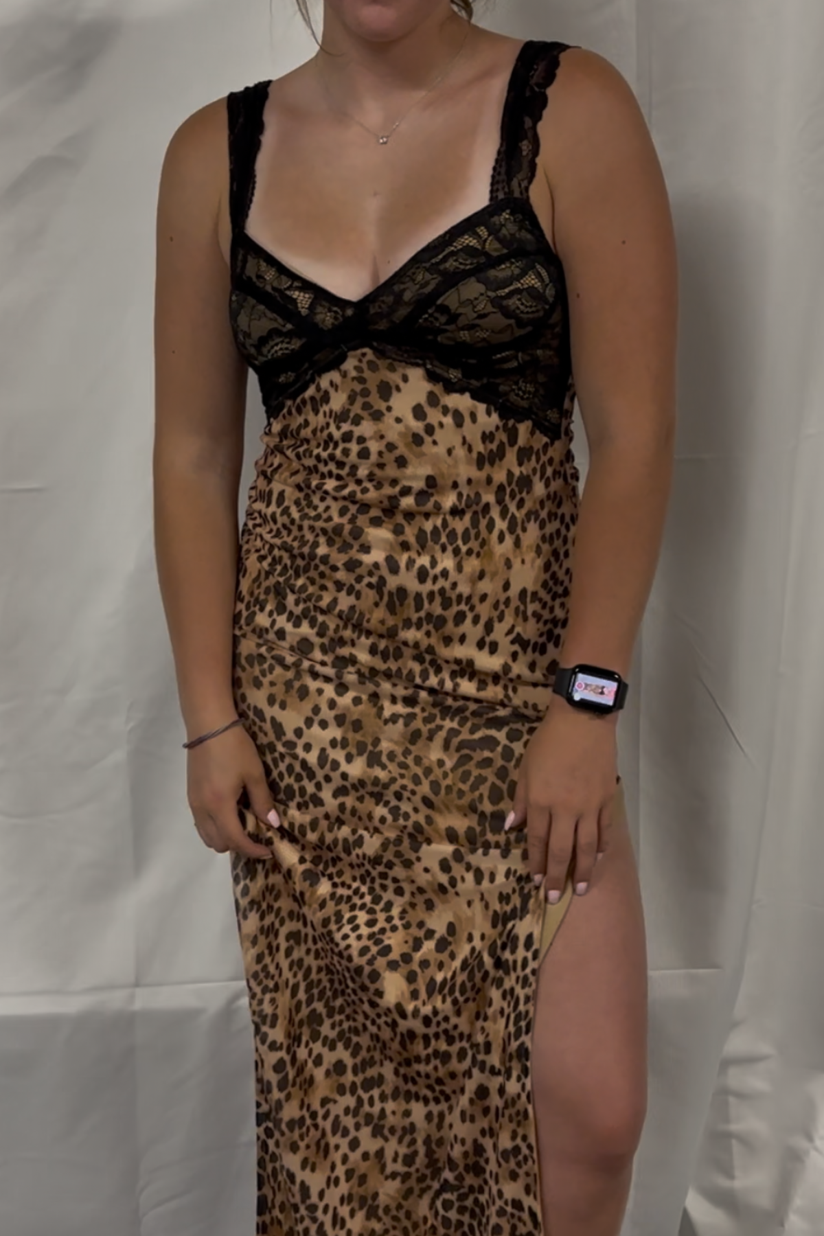 Mesh Leopard Lace Detail Side Slit Maxi Dress