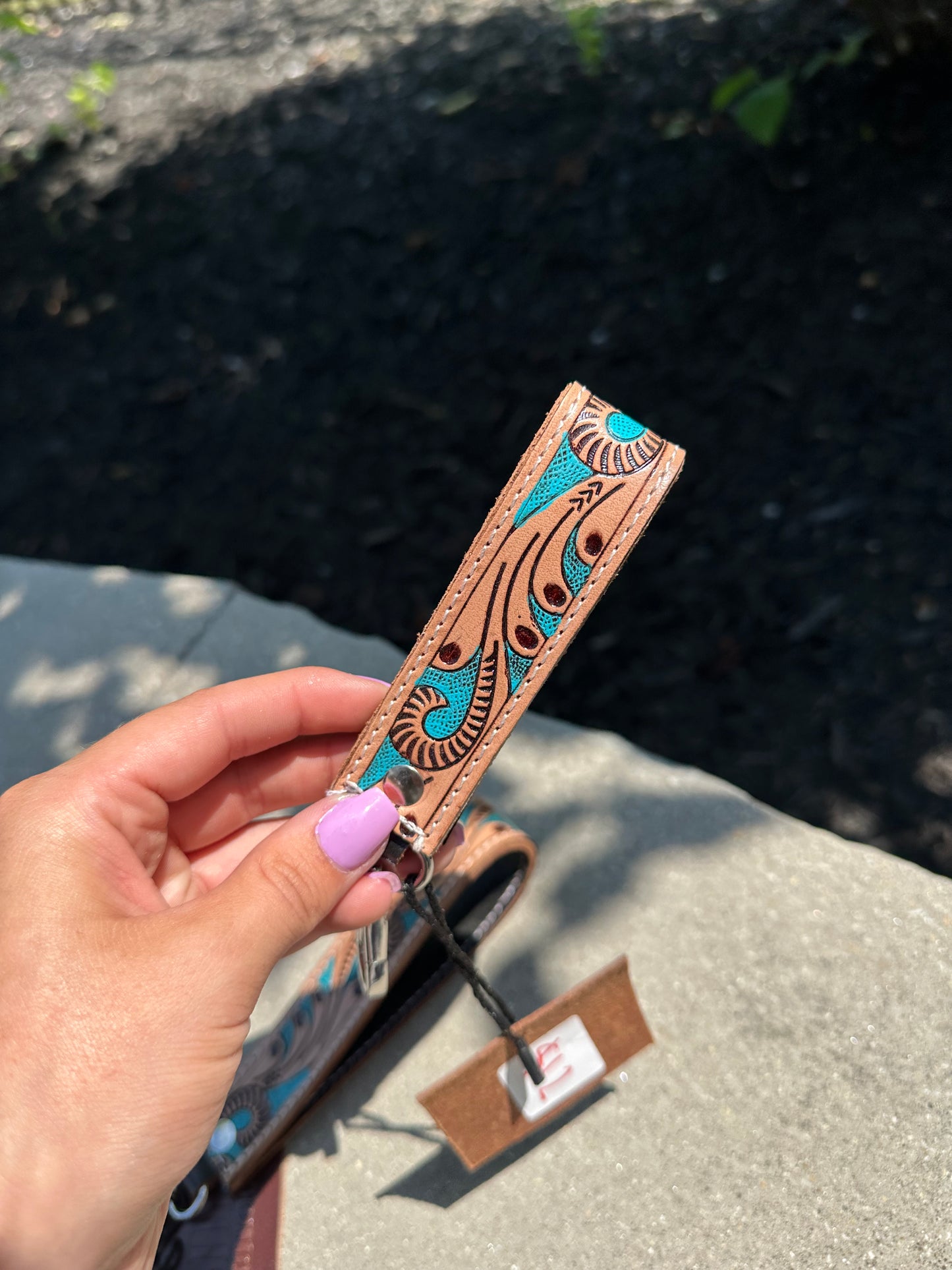 Tooled Leather Keychain - tan/turquoise/design