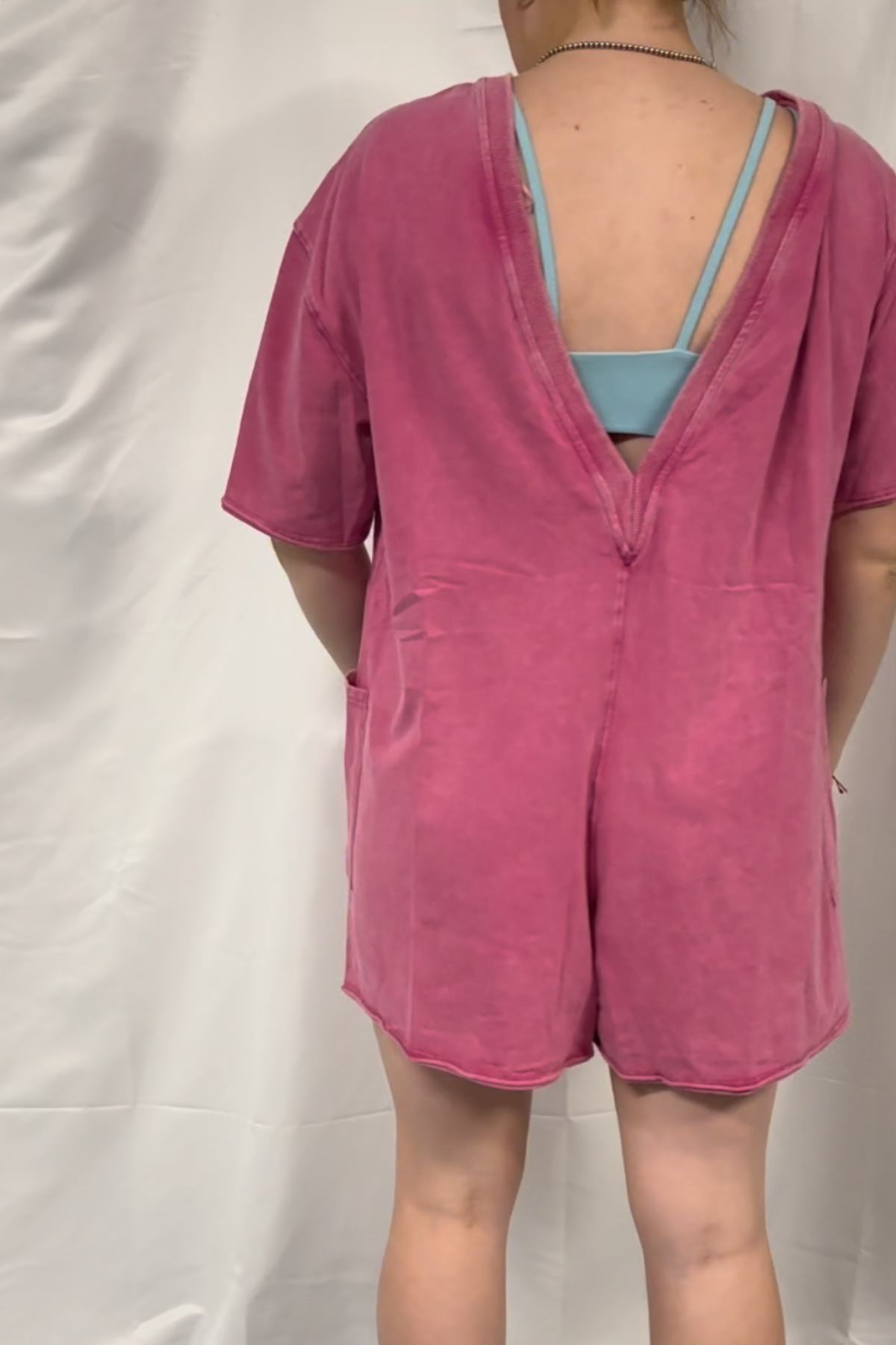Short Sleeve Back Open Vintage Washed Romper