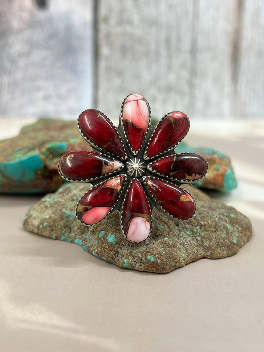 Handmade Sterling Silver Dahlia Rose Adjustable Ring with Signed Nizhoni