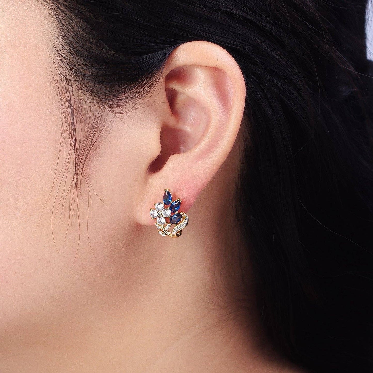 Gold Filled Flower Blue Teardrop CZ 13mm Huggie Earrings