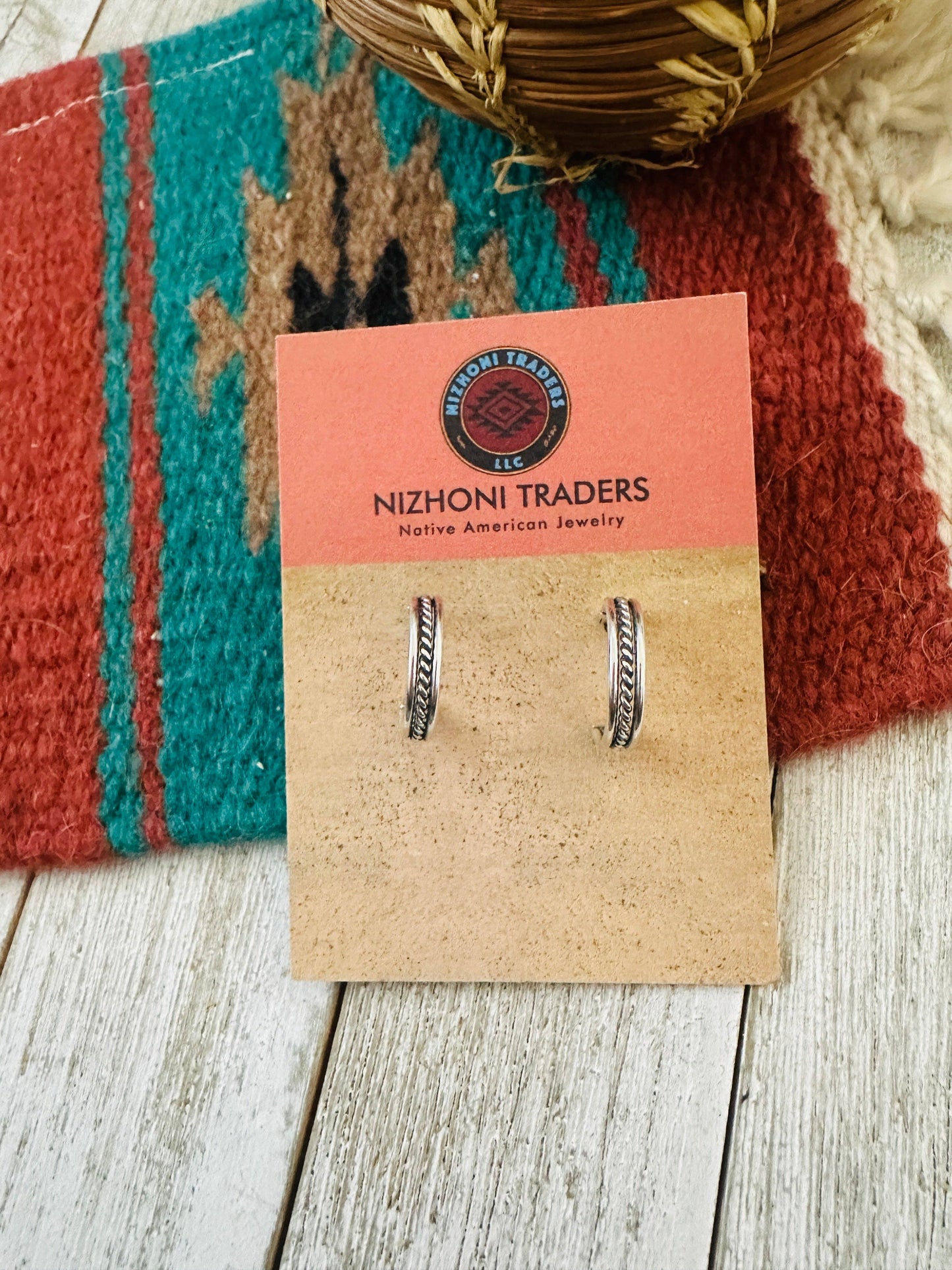 Navajo Hand Stamped Sterling Silver Hoop Earrings