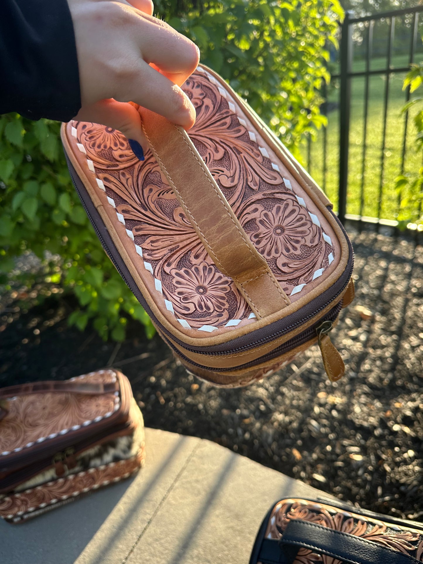 Hand Tooled Leather Cosmetic Make up Bag Women Travel Portable Pouch - Luxury Toiletry Bag