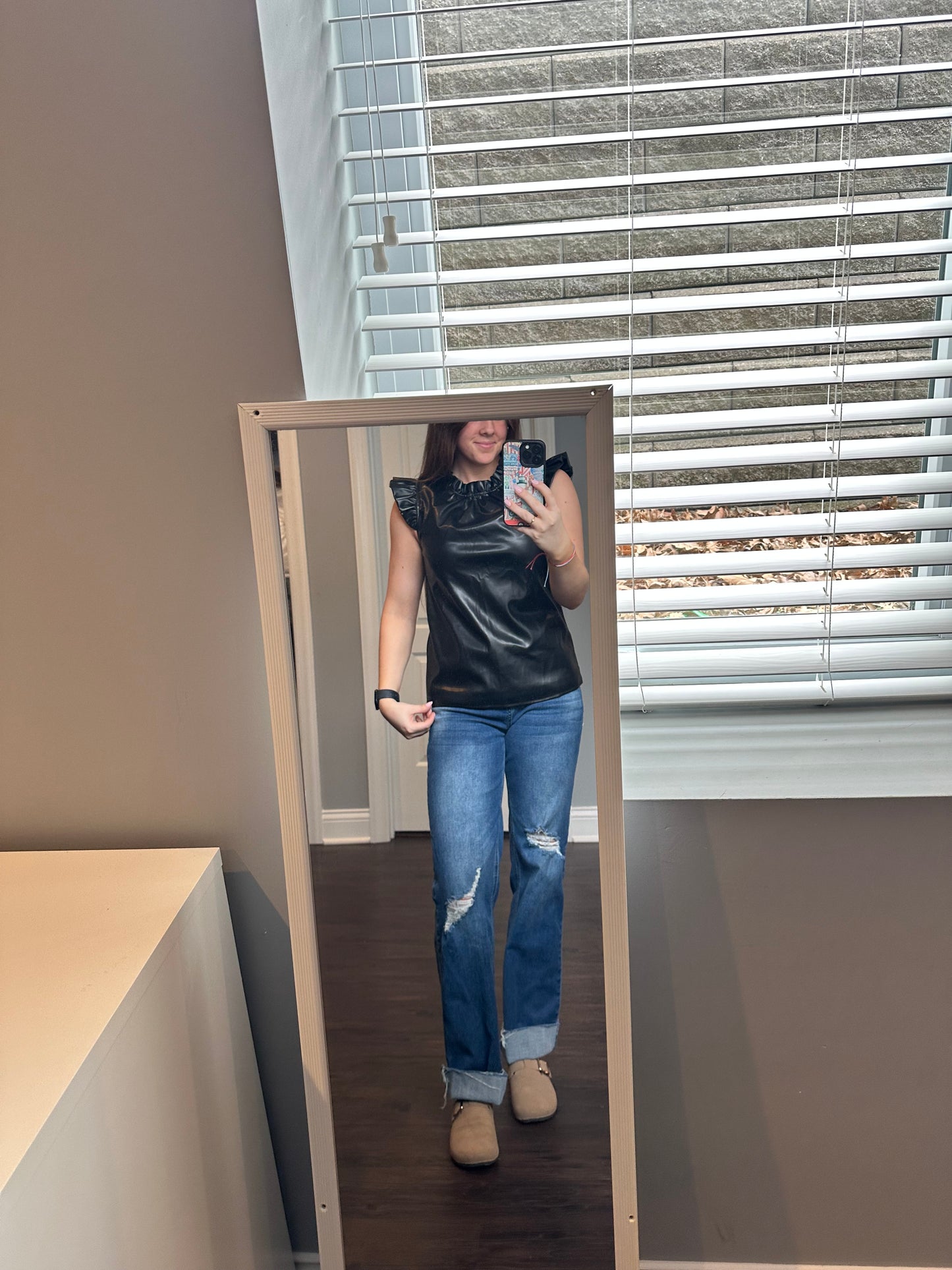 Black PU Leather Frilly Ruffle Trim Blouse