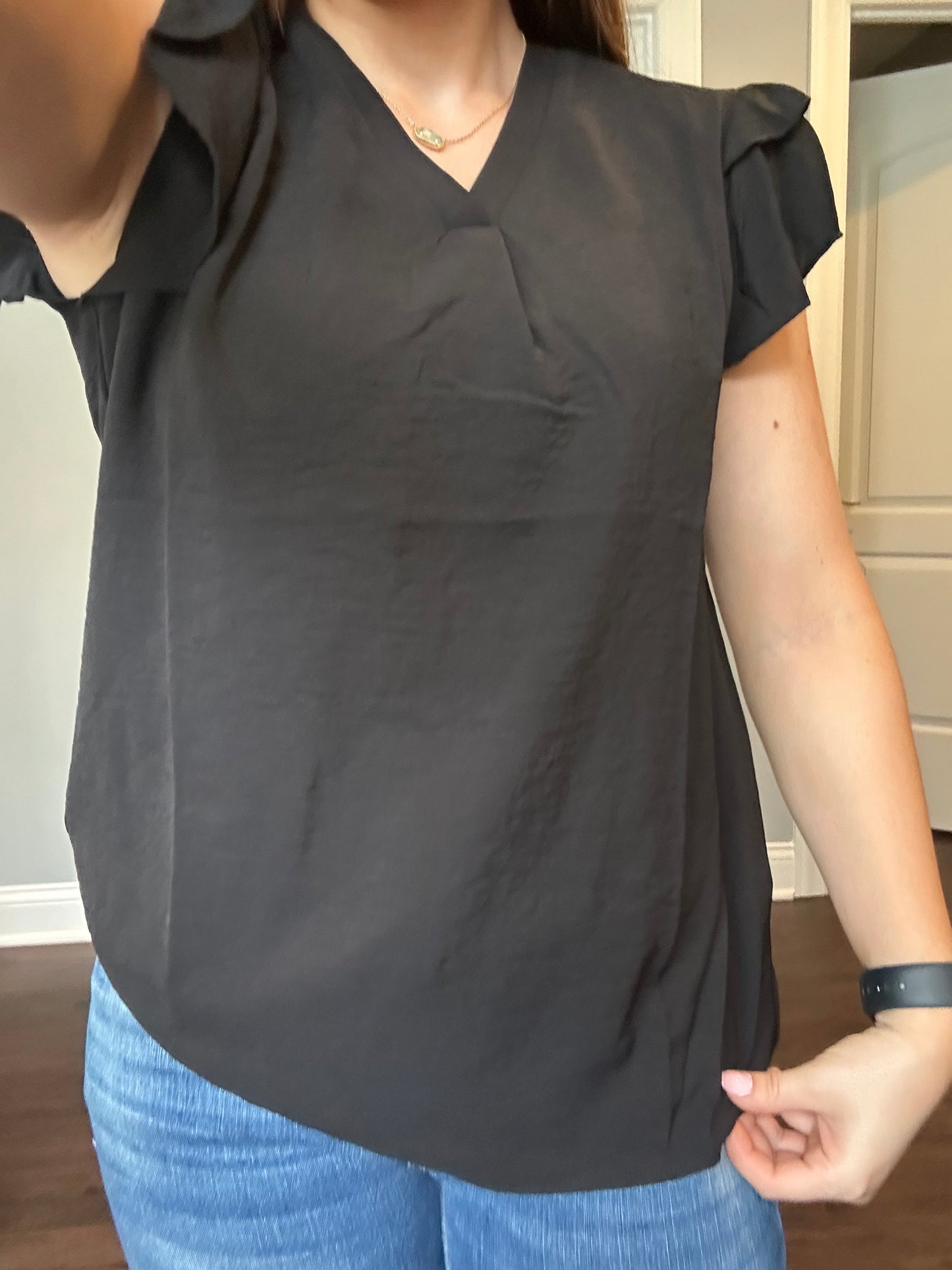 Black V Neck Ruffle Short Sleeve Blouse