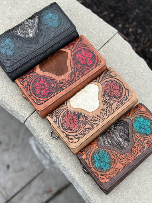 Trinity Ranch Floral Tooled and Hair-On Cowhide Collection Wallet