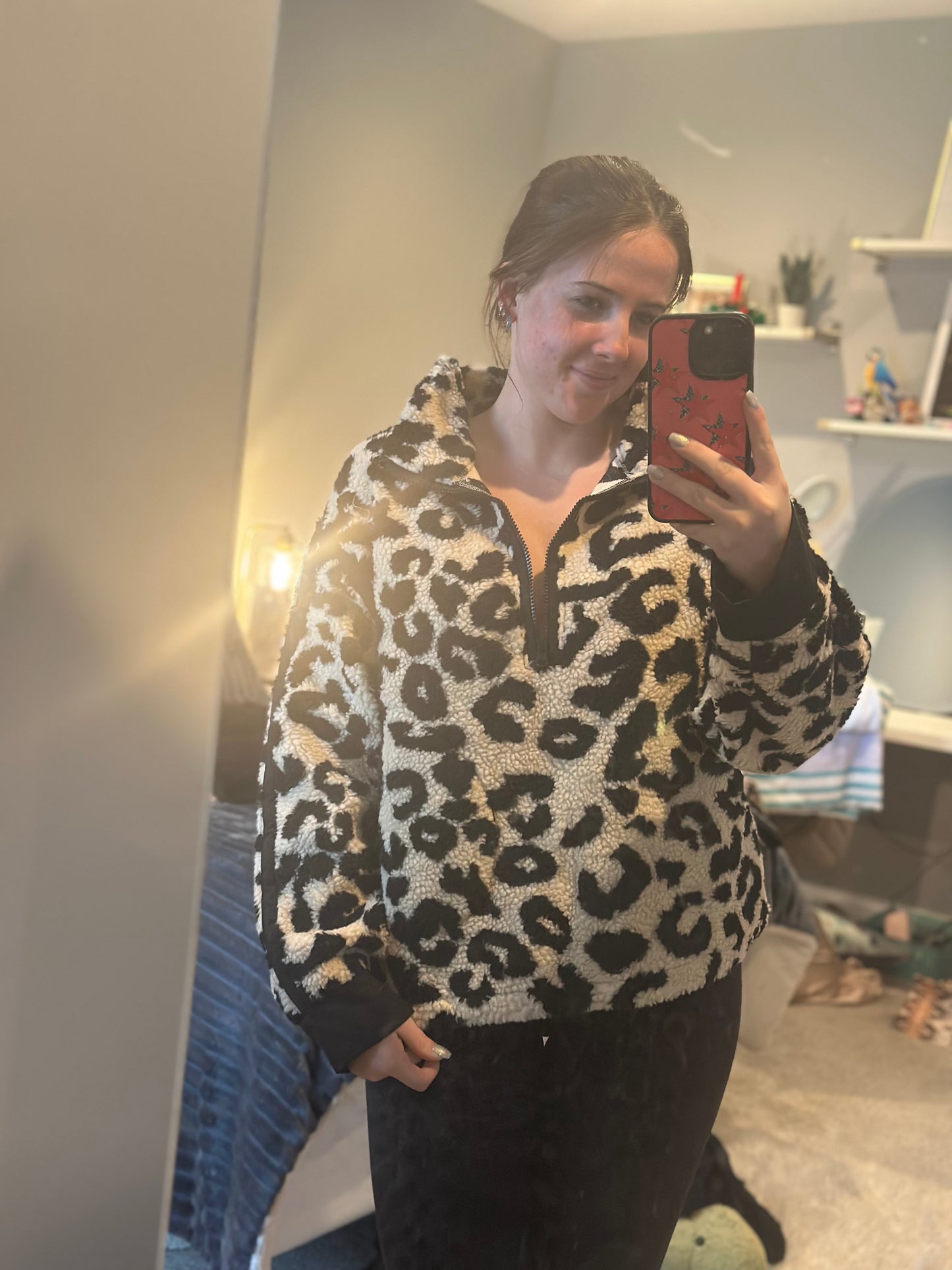 Leopard Sherpa Fleece Half Zip Up Top With Pockets