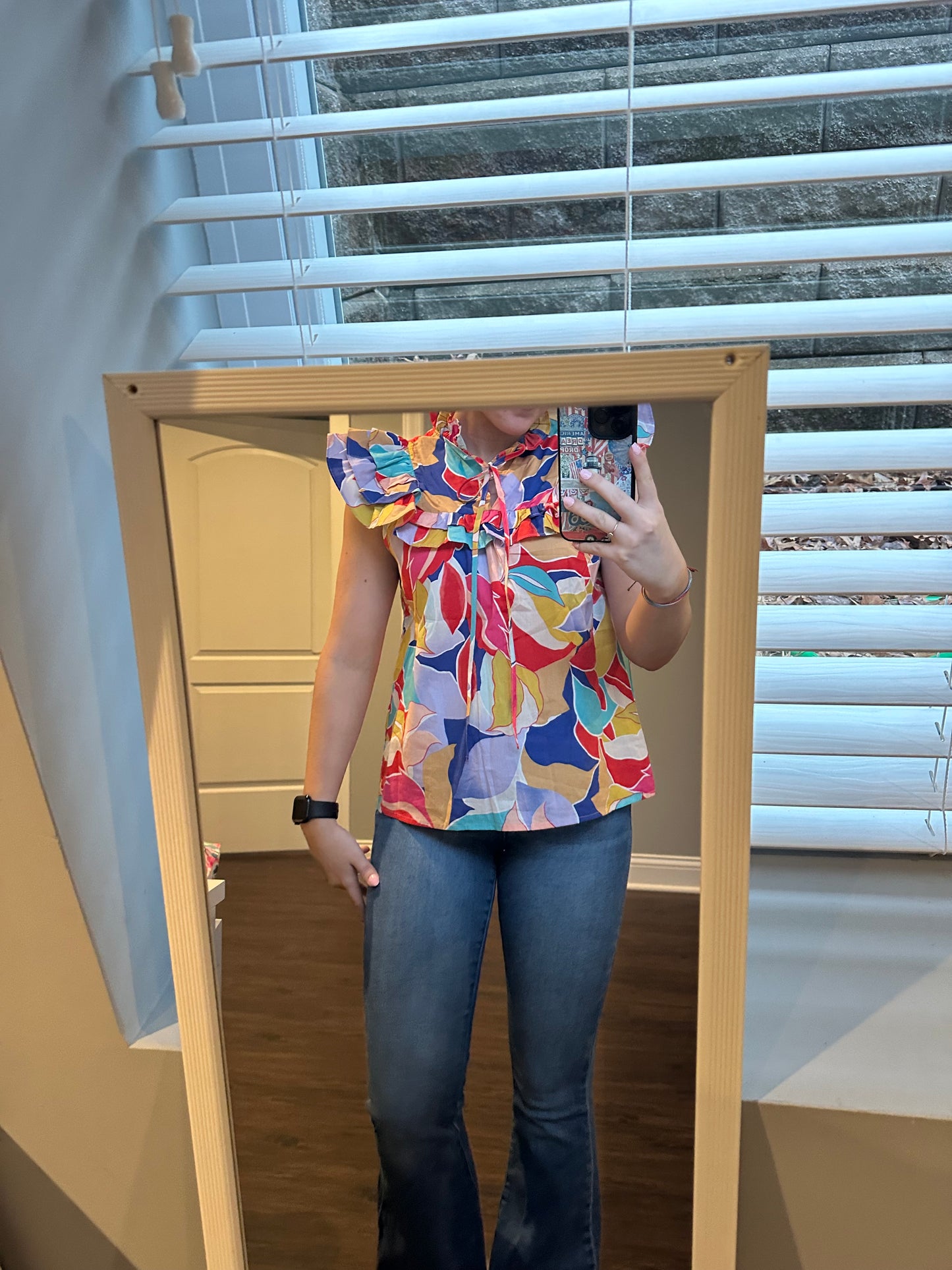 Pink Abstract Printed Ruffled Flutter Sleeve Tied Split V Neck Blouse