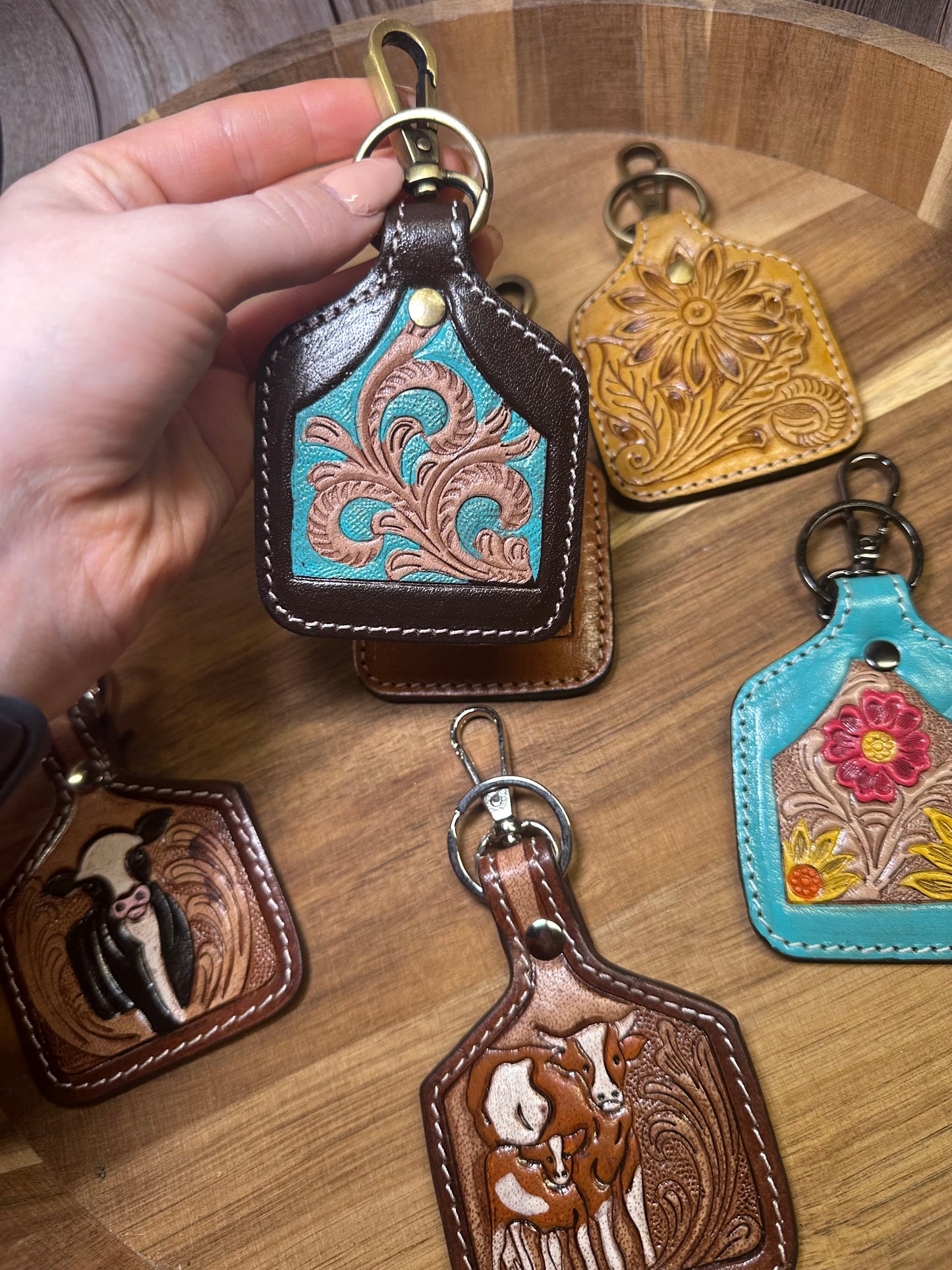Western Genuine Leather Ear Tag Keychain