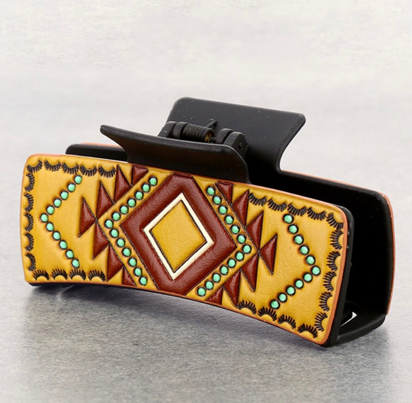 Large tooled leather western claw clip