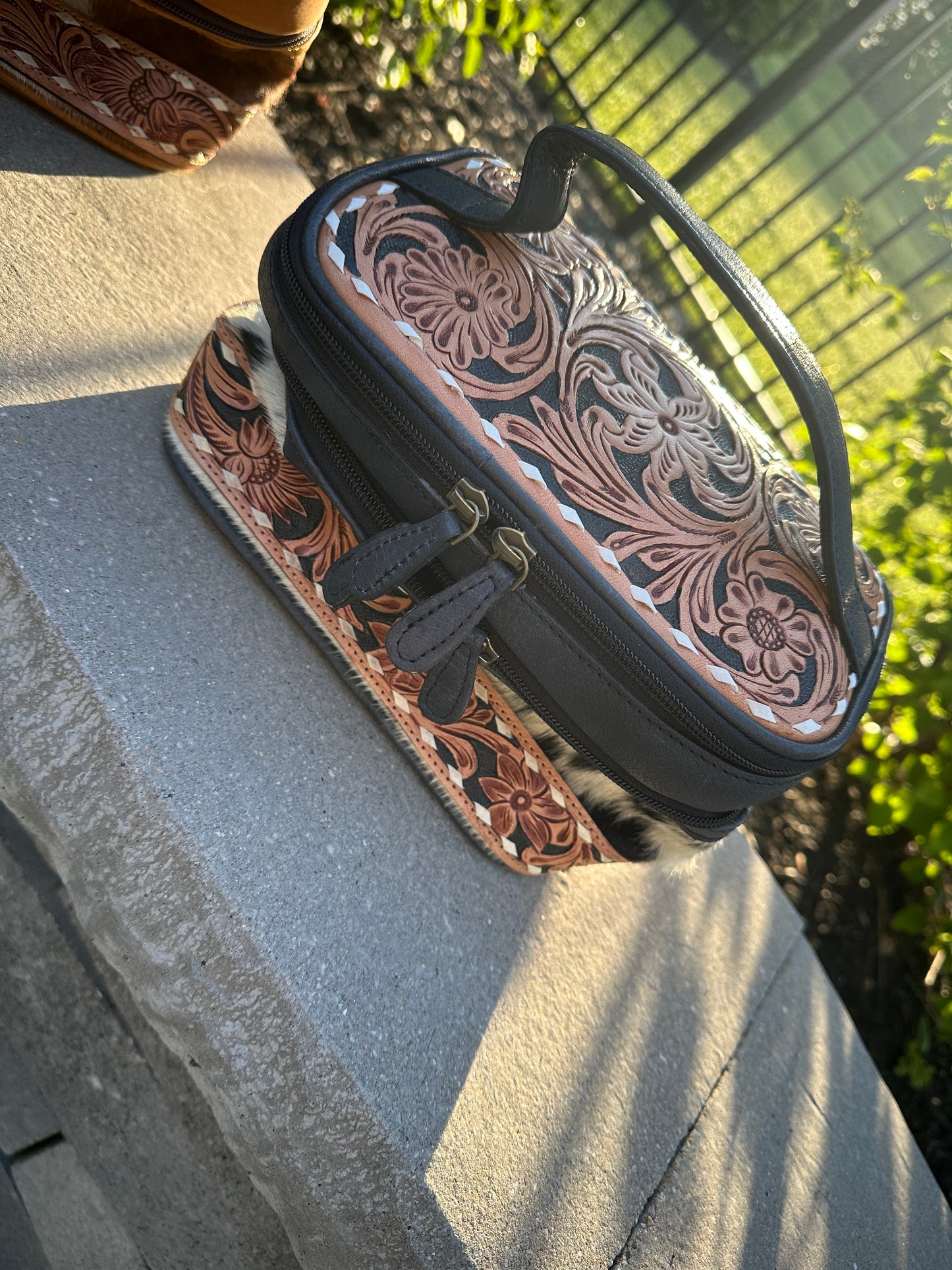 Hand Tooled Leather Cosmetic Make up Bag Women Travel Portable Pouch - Luxury Toiletry Bag