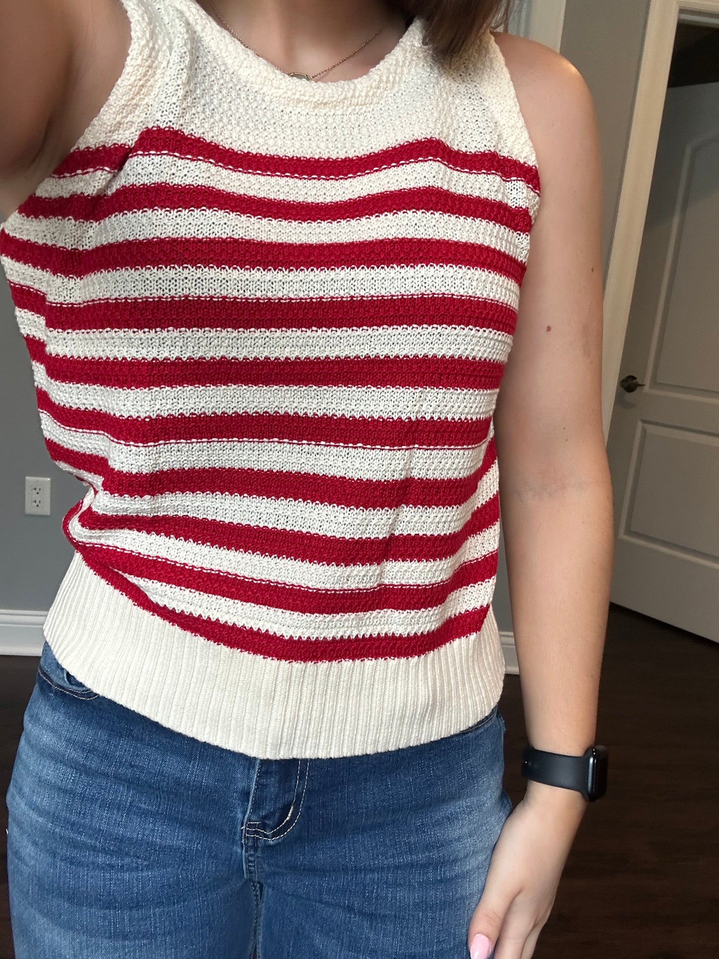 Red Stripe Textured Knit Ribbed Hem Sweater Tank Top