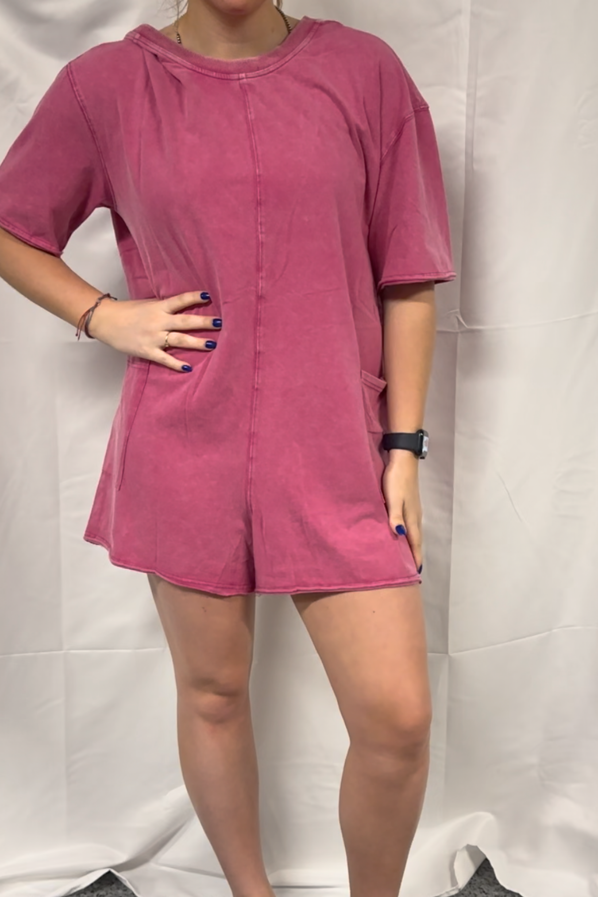 Short Sleeve Back Open Vintage Washed Romper