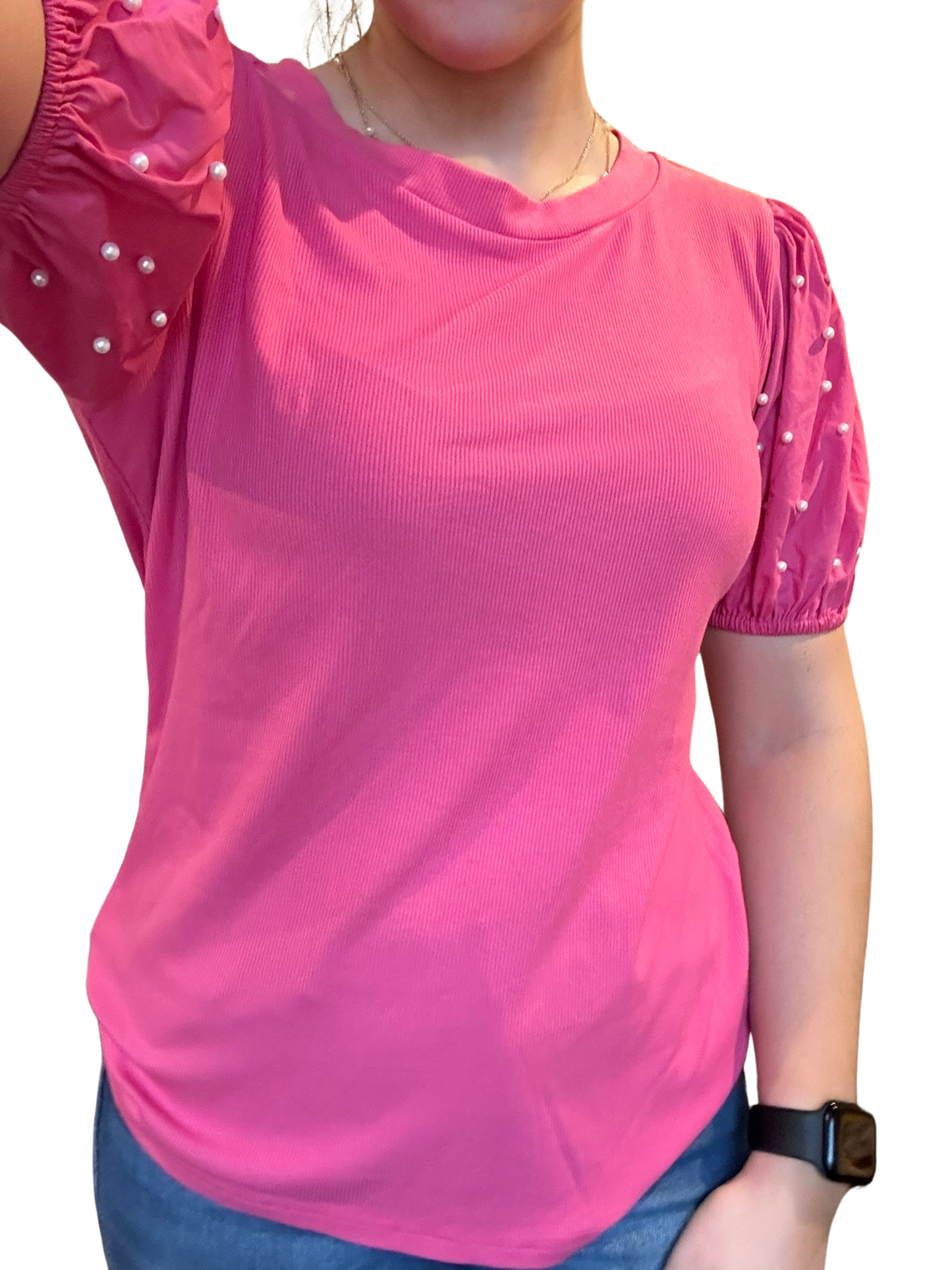 Bright Pink Ribbed Pearl Beaded Puff Sleeve Top