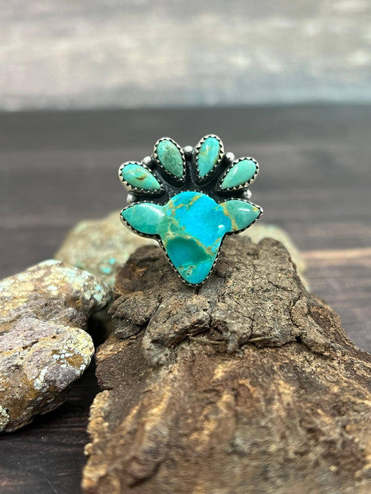 Handmade Sterling Silver Kingman Turquoise Adjustable Ring with Signed Nizhoni