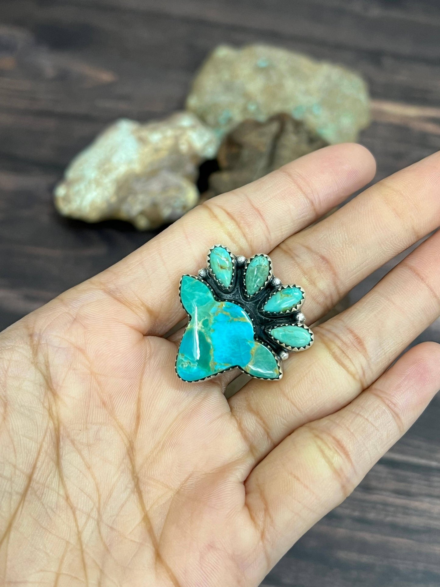 Handmade Sterling Silver Kingman Turquoise Adjustable Ring with Signed Nizhoni