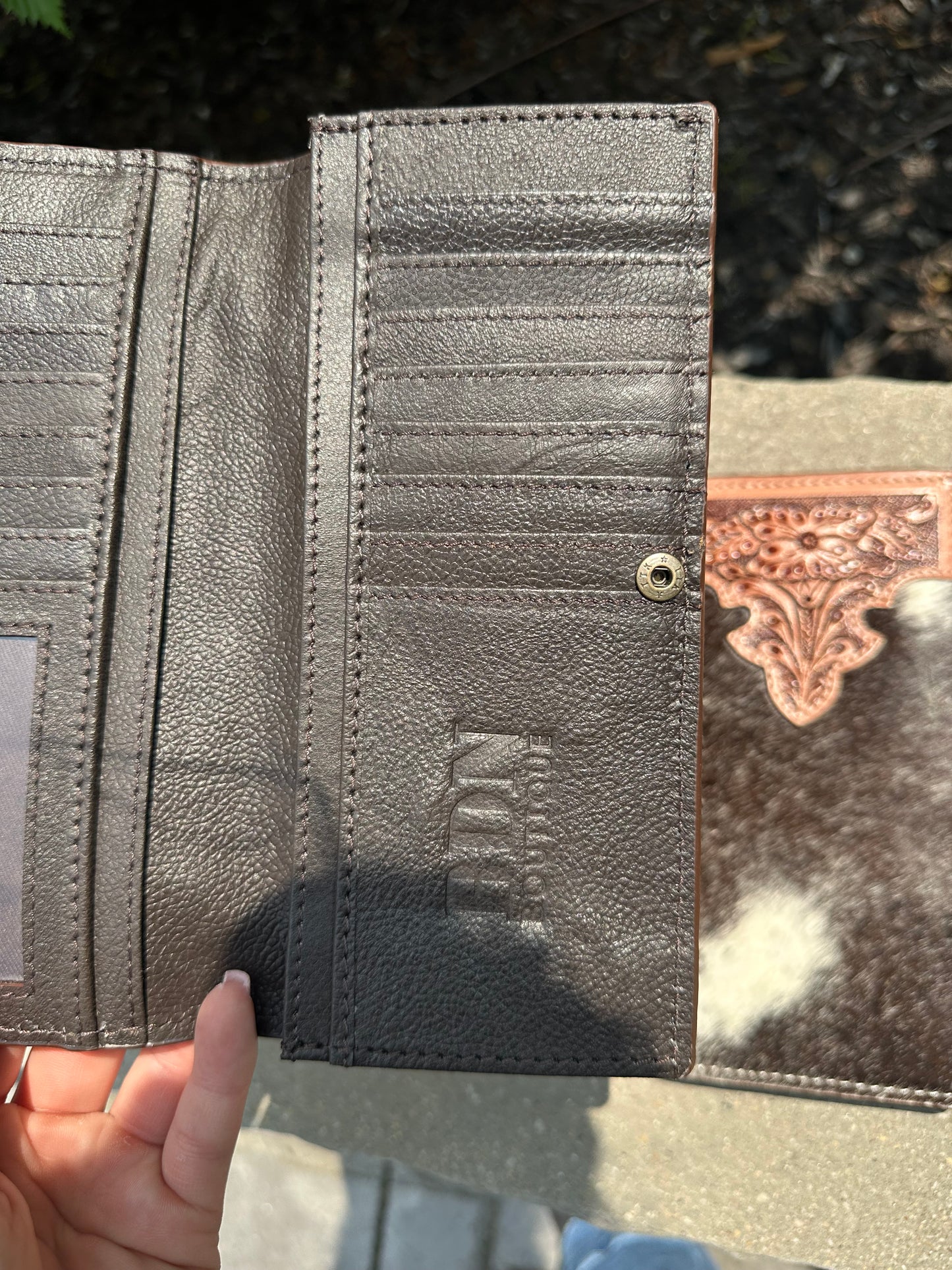 Hand Tooled Leather Detail / cowhide Long Bifold Wallet