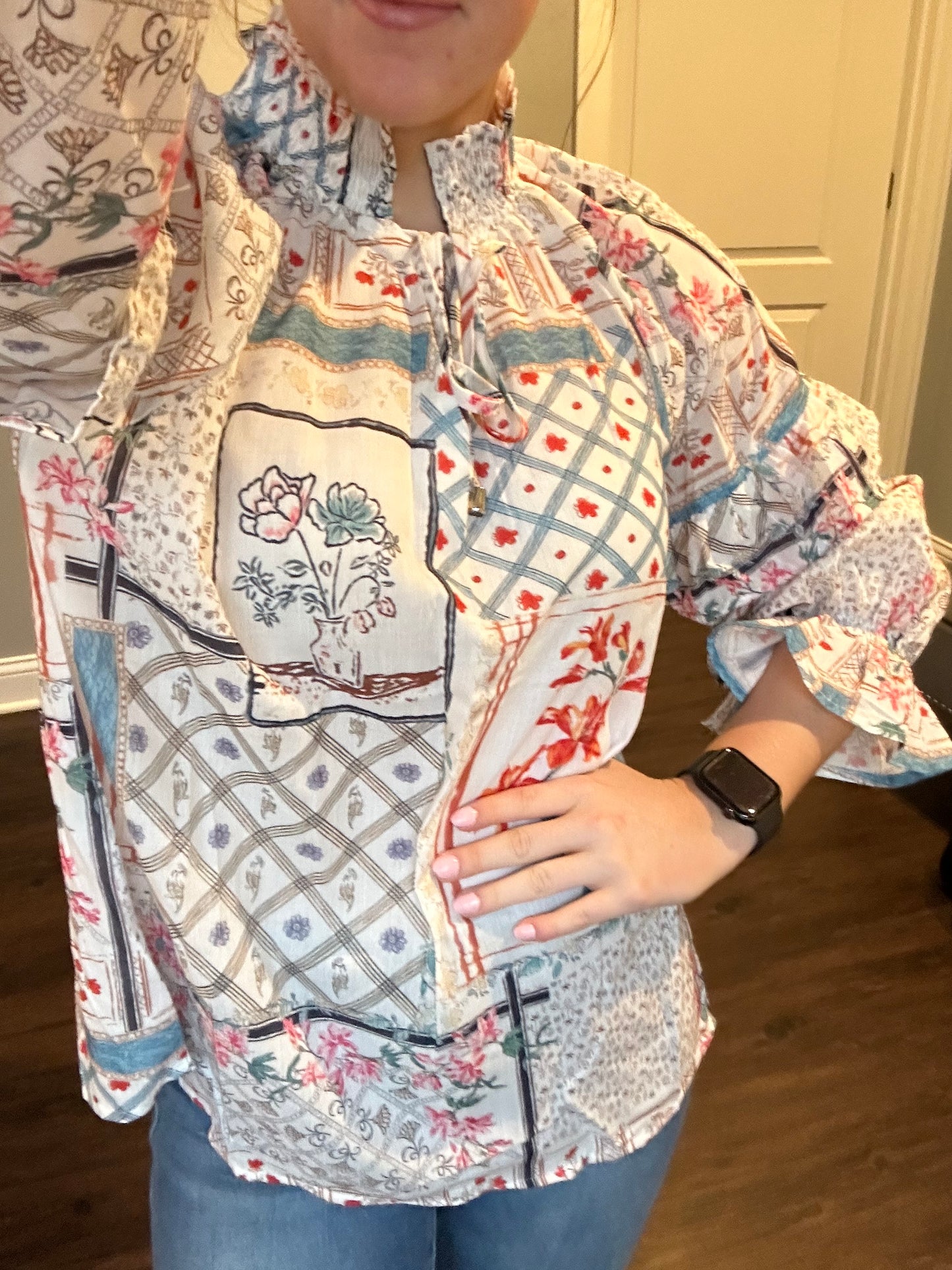 Multicolour Boho Floral Patched Ruffled Sleeve Tied Neck Blouse