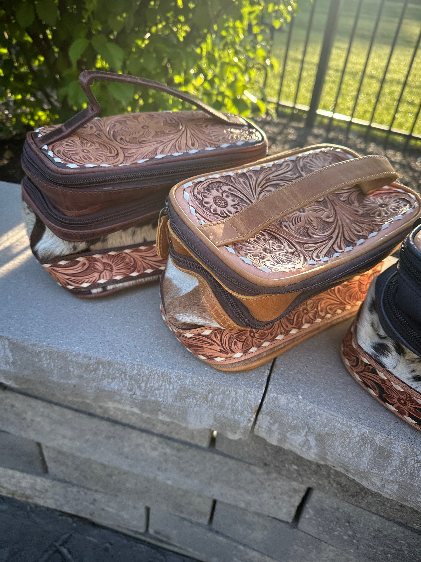 Hand Tooled Leather Cosmetic Make up Bag Women Travel Portable Pouch - Luxury Toiletry Bag