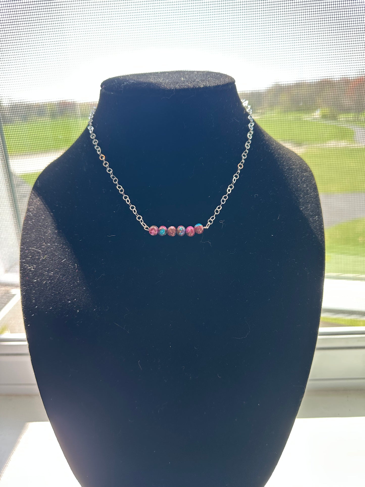 Purple Dahlia beaded bar - Sterling Silver chain necklace