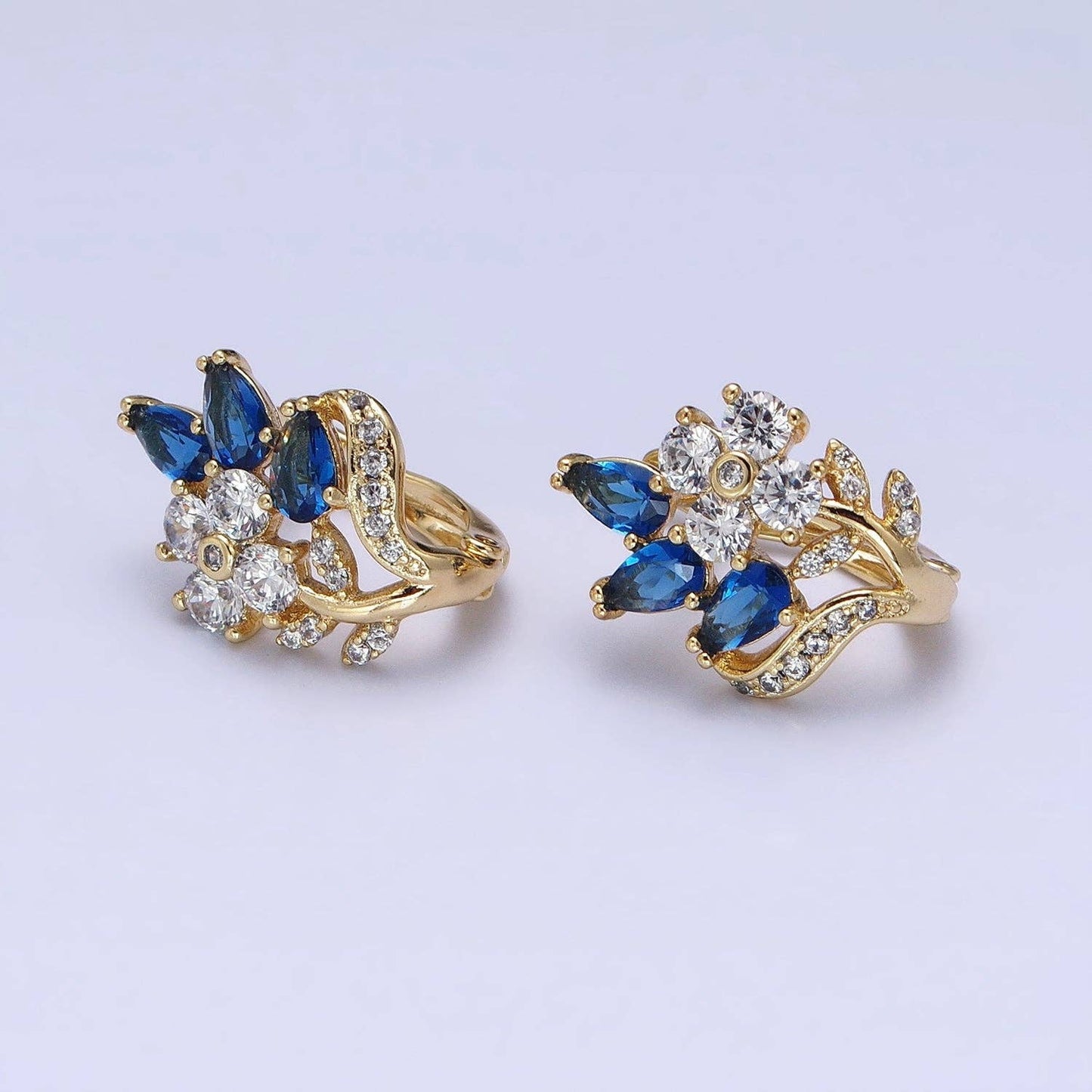 Gold Filled Flower Blue Teardrop CZ 13mm Huggie Earrings
