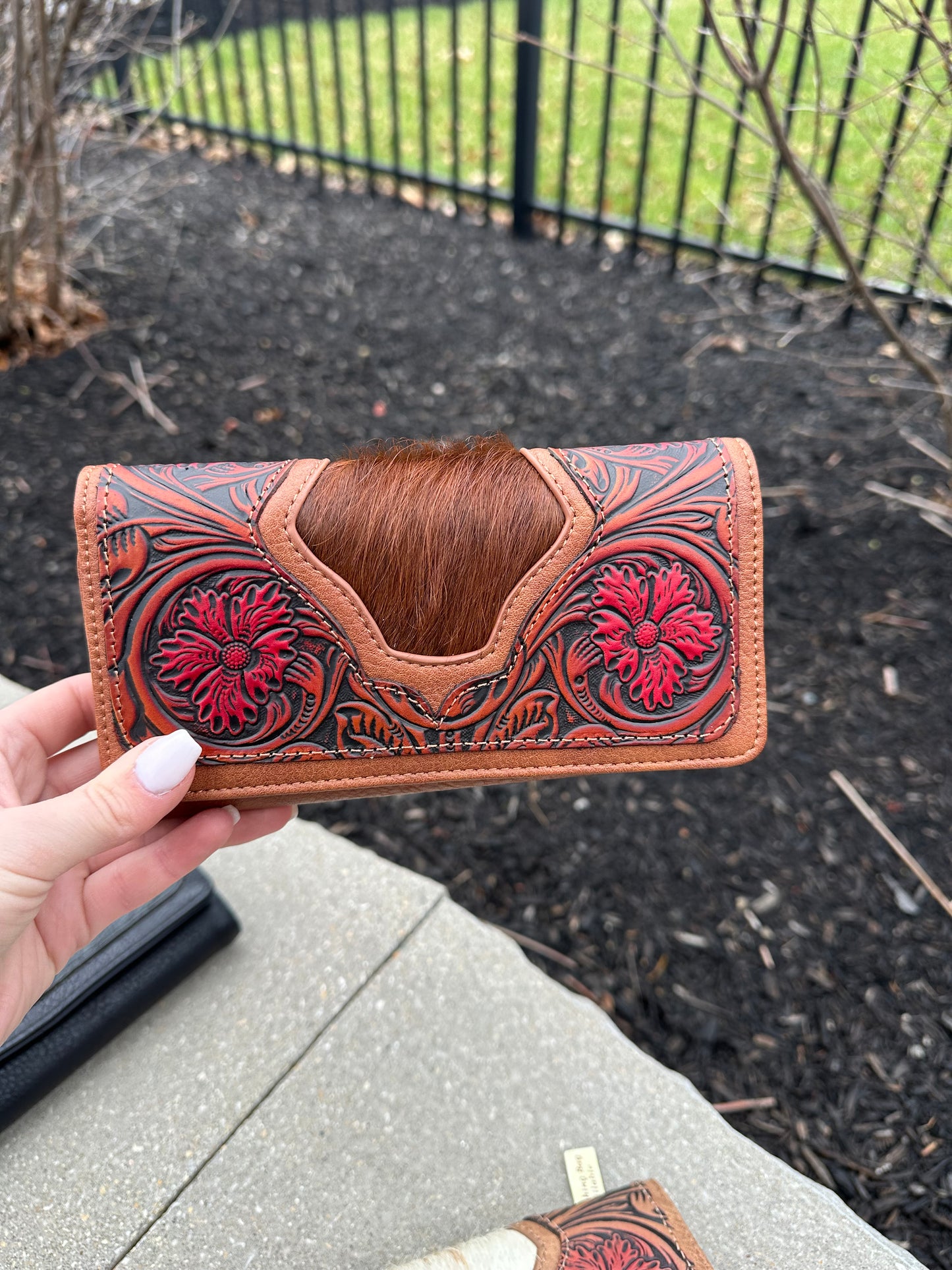 Trinity Ranch Floral Tooled and Hair-On Cowhide Collection Wallet