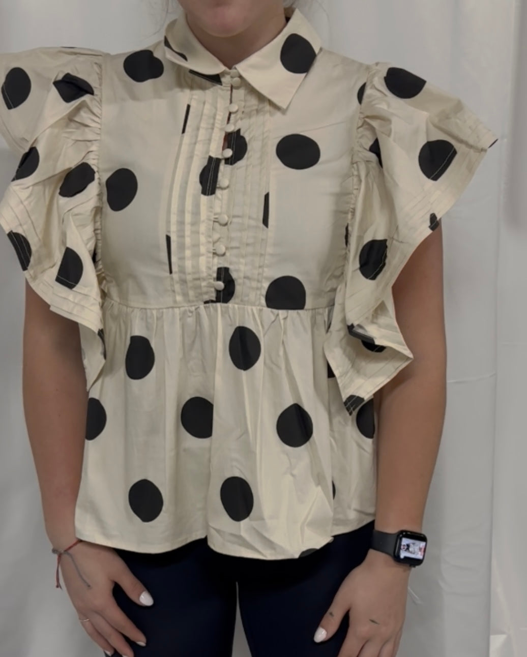 Dot Print Woven Ruffled Sleeves Button Up Top