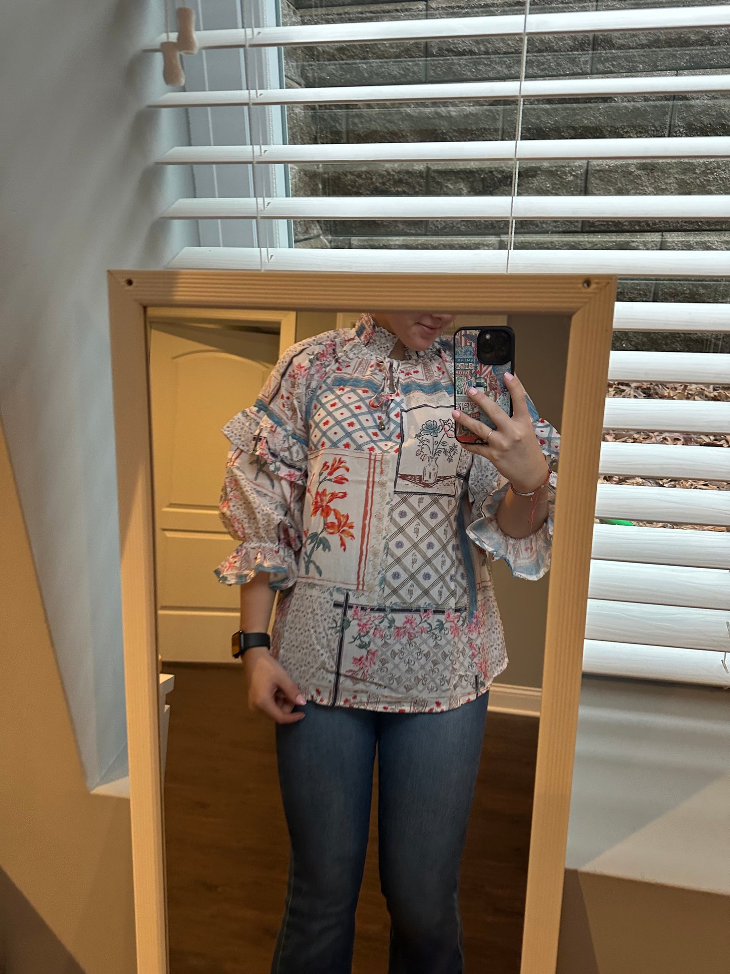 Multicolour Boho Floral Patched Ruffled Sleeve Tied Neck Blouse