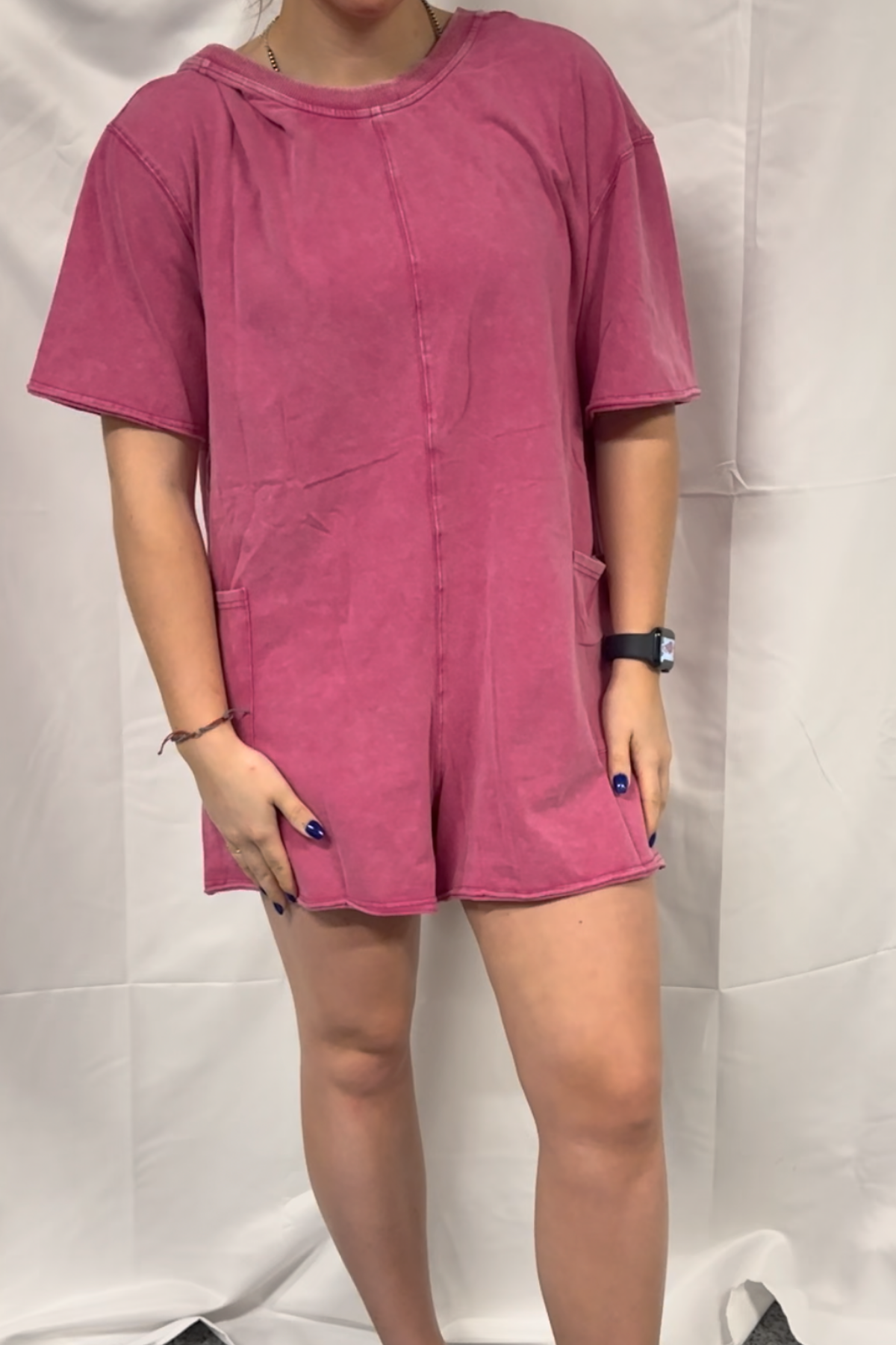 Short Sleeve Back Open Vintage Washed Romper