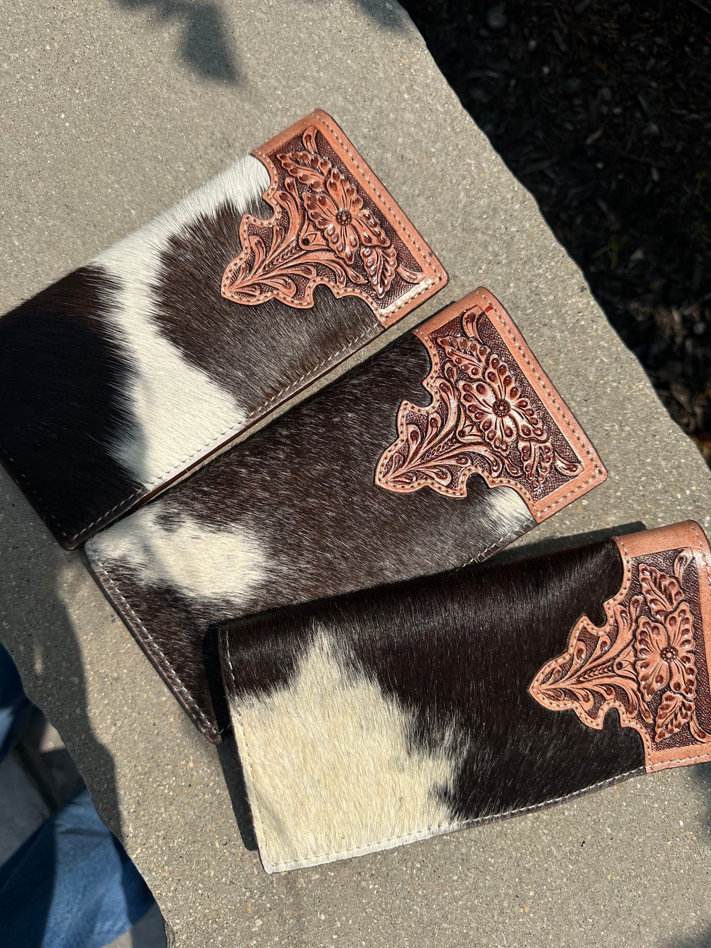 Hand Tooled Leather Detail / cowhide Long Bifold Wallet