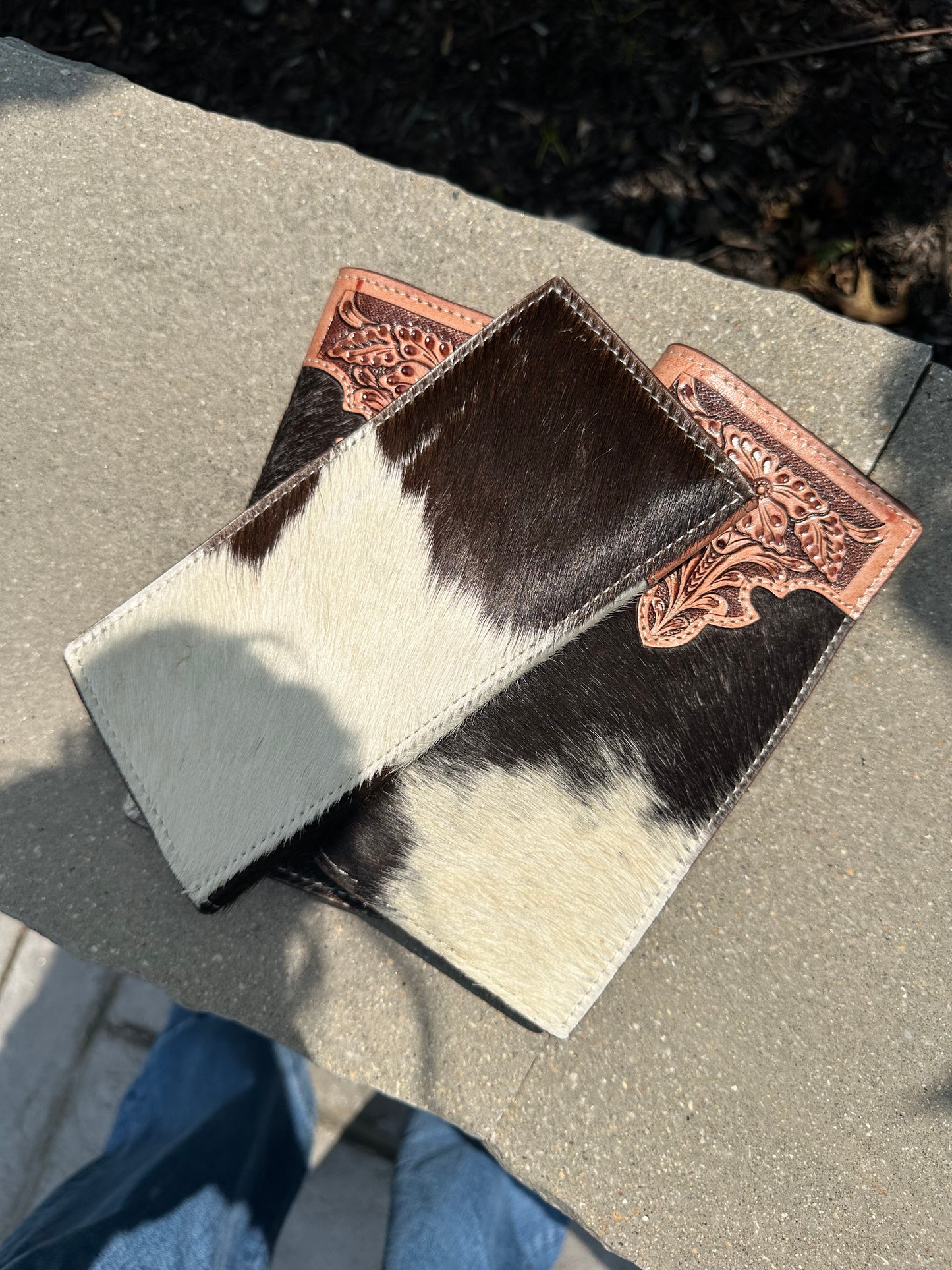 Hand Tooled Leather Detail / cowhide Long Bifold Wallet