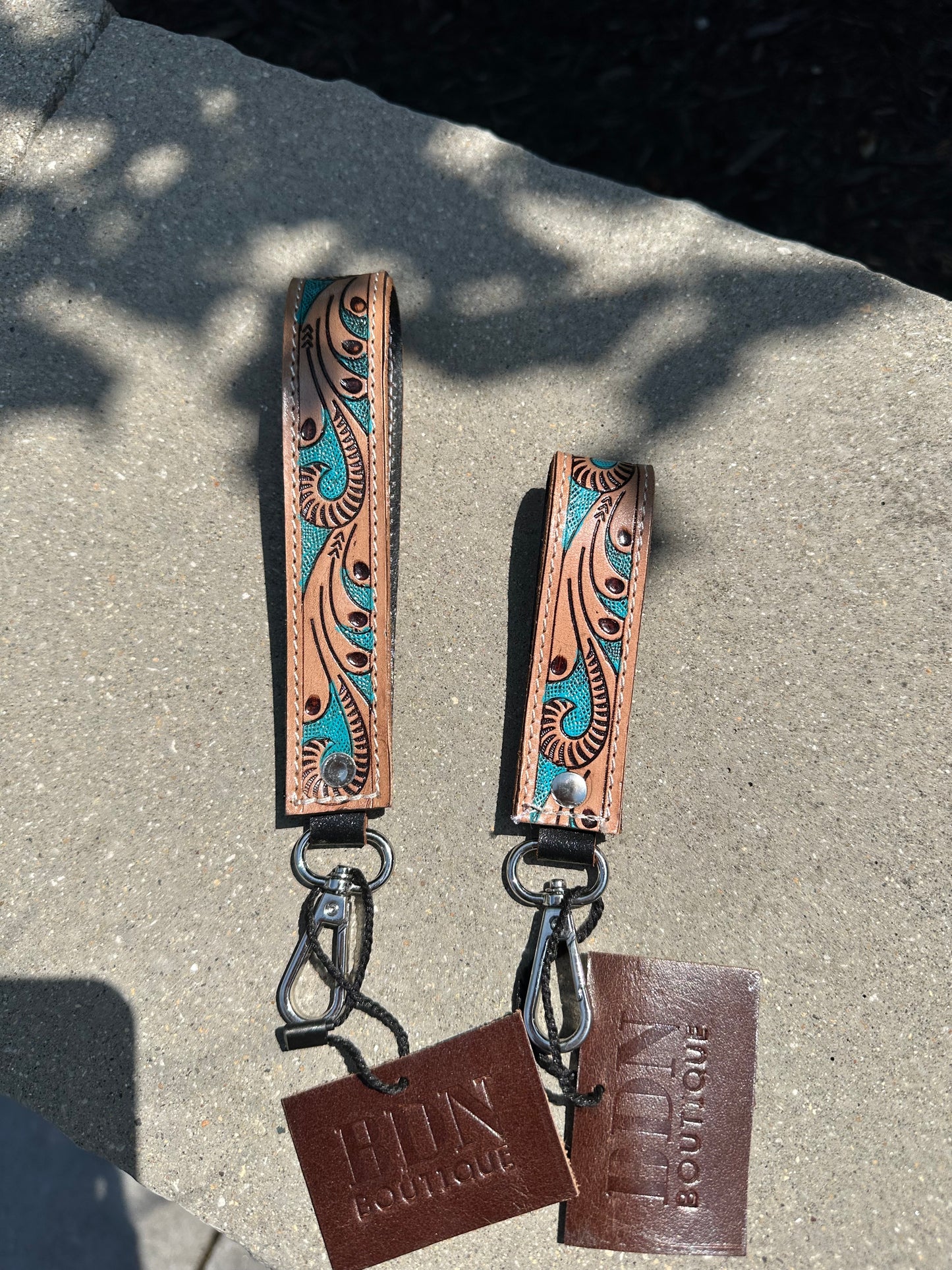 Tooled Leather Keychain - tan/turquoise/design