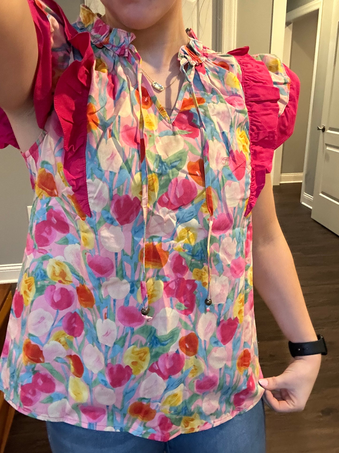Pink Floral Layered Ruffle Flutter Sleeve Tie V Neck Blouse