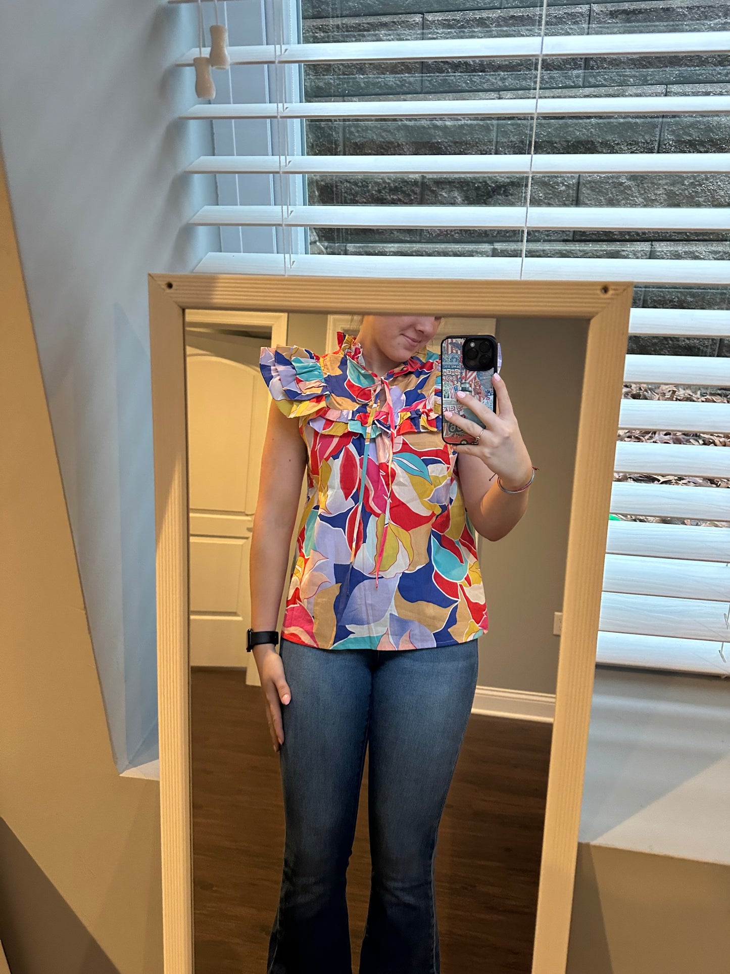 Pink Abstract Printed Ruffled Flutter Sleeve Tied Split V Neck Blouse