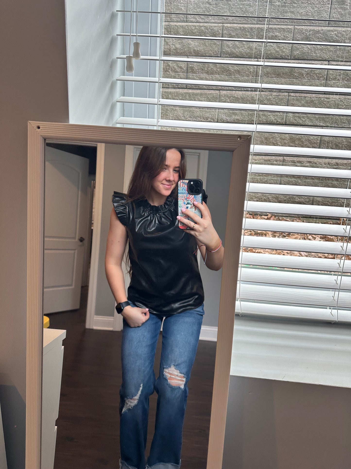 Black PU Leather Frilly Ruffle Trim Blouse