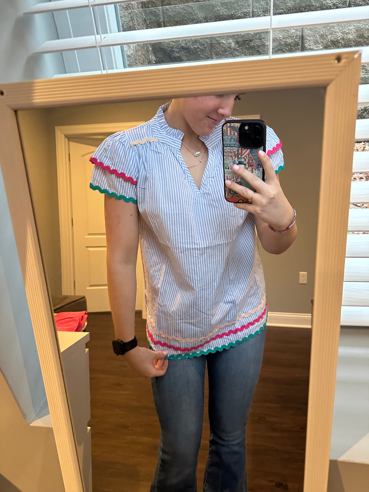 Sky Blue Stripe Ricrac Trim Split Neck Striped Ruffled Sleeve Blouse