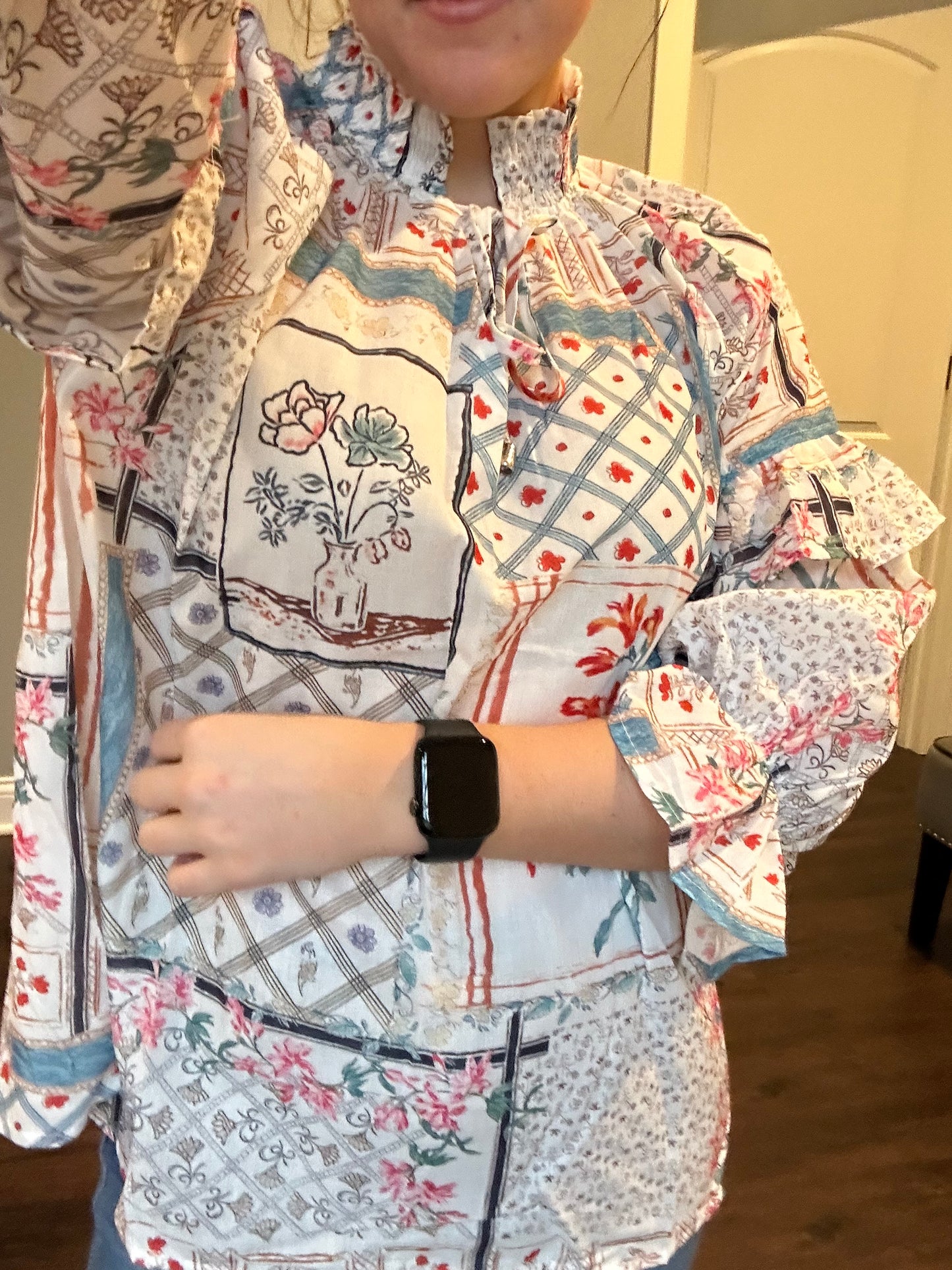 Multicolour Boho Floral Patched Ruffled Sleeve Tied Neck Blouse