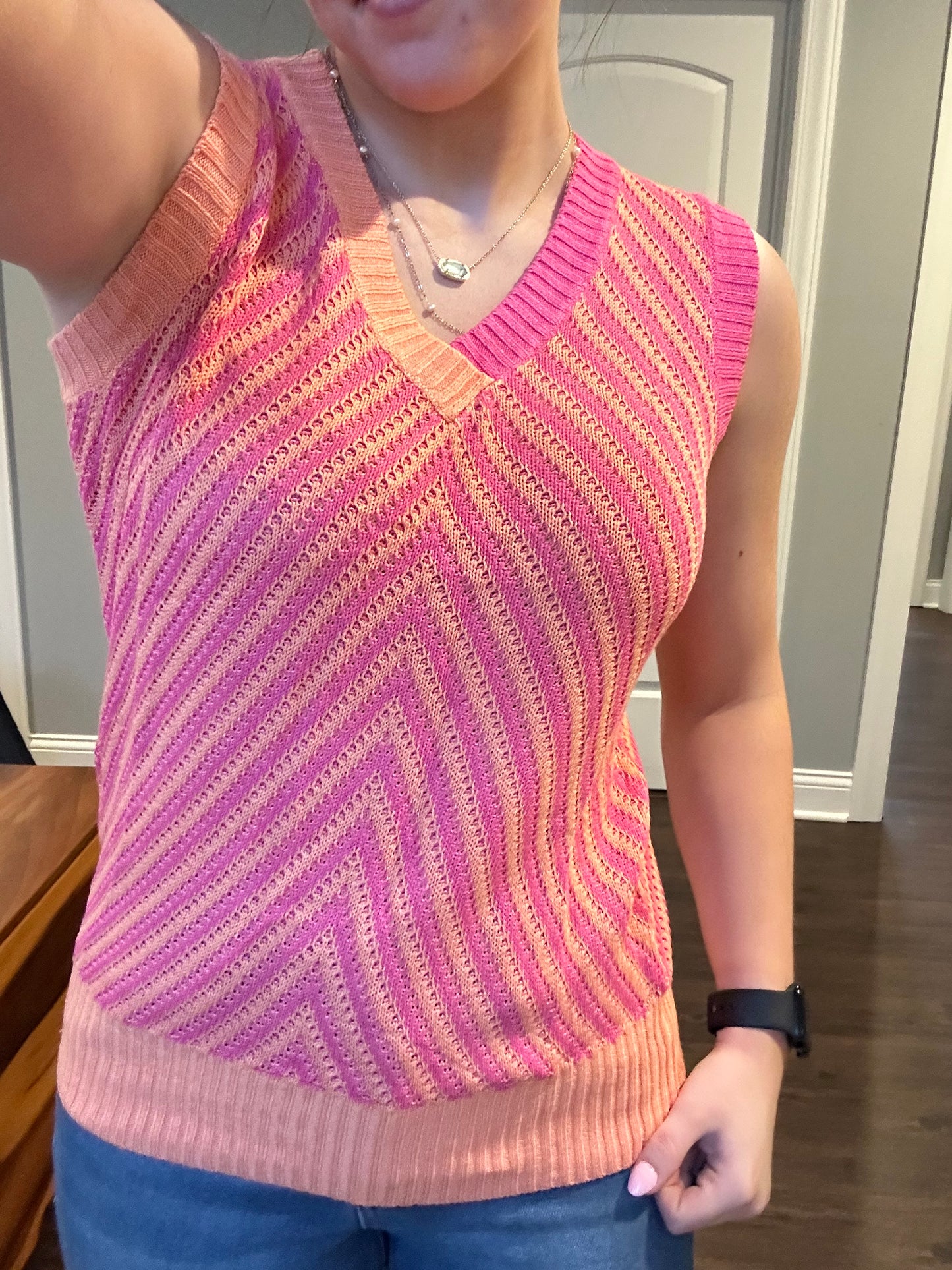 Strawberry Pink Contrast Chevron Knit V Neck Sweater Vest