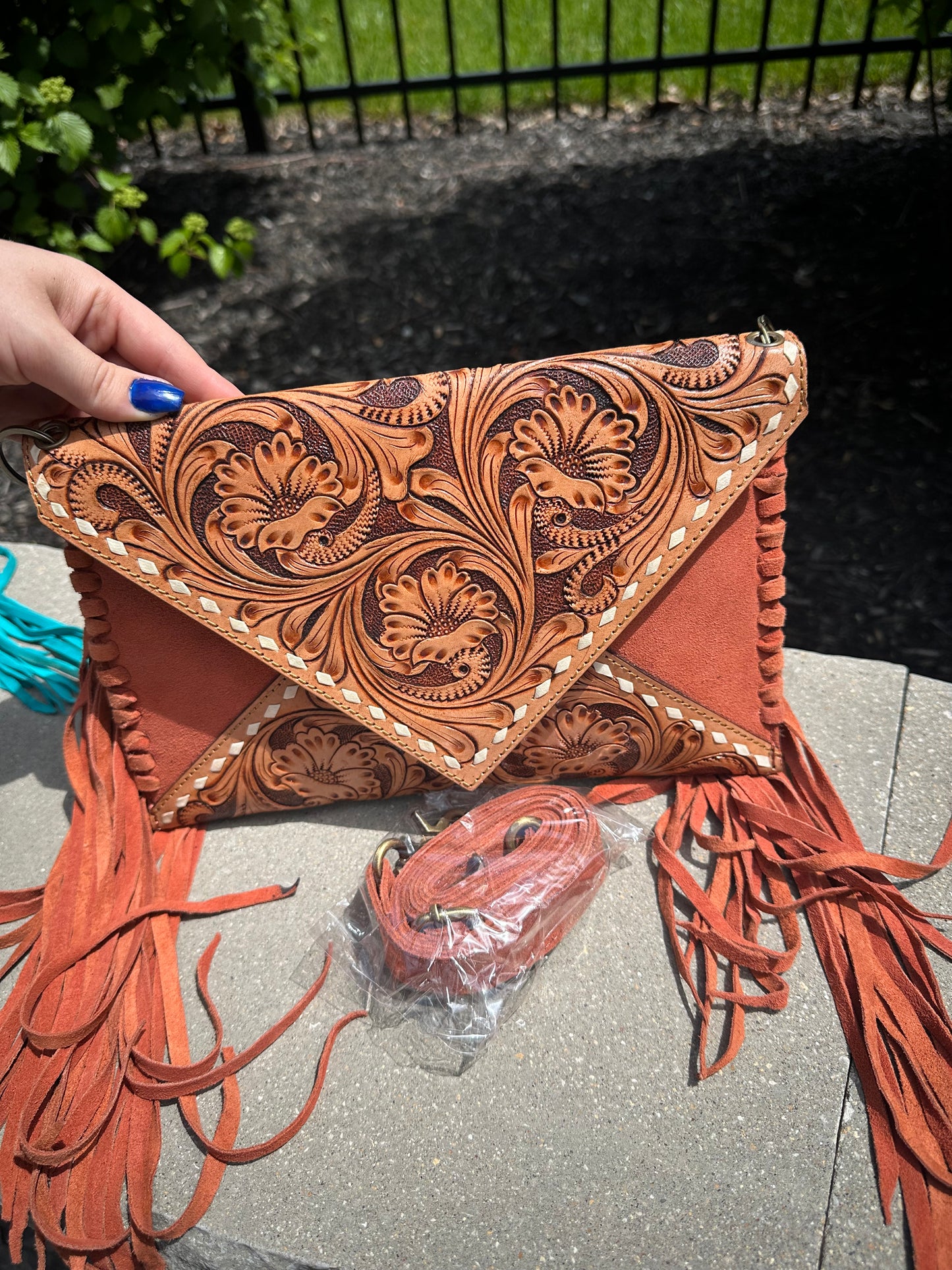 Hand Tooled Suede Leather Fringe Crossbody Bag