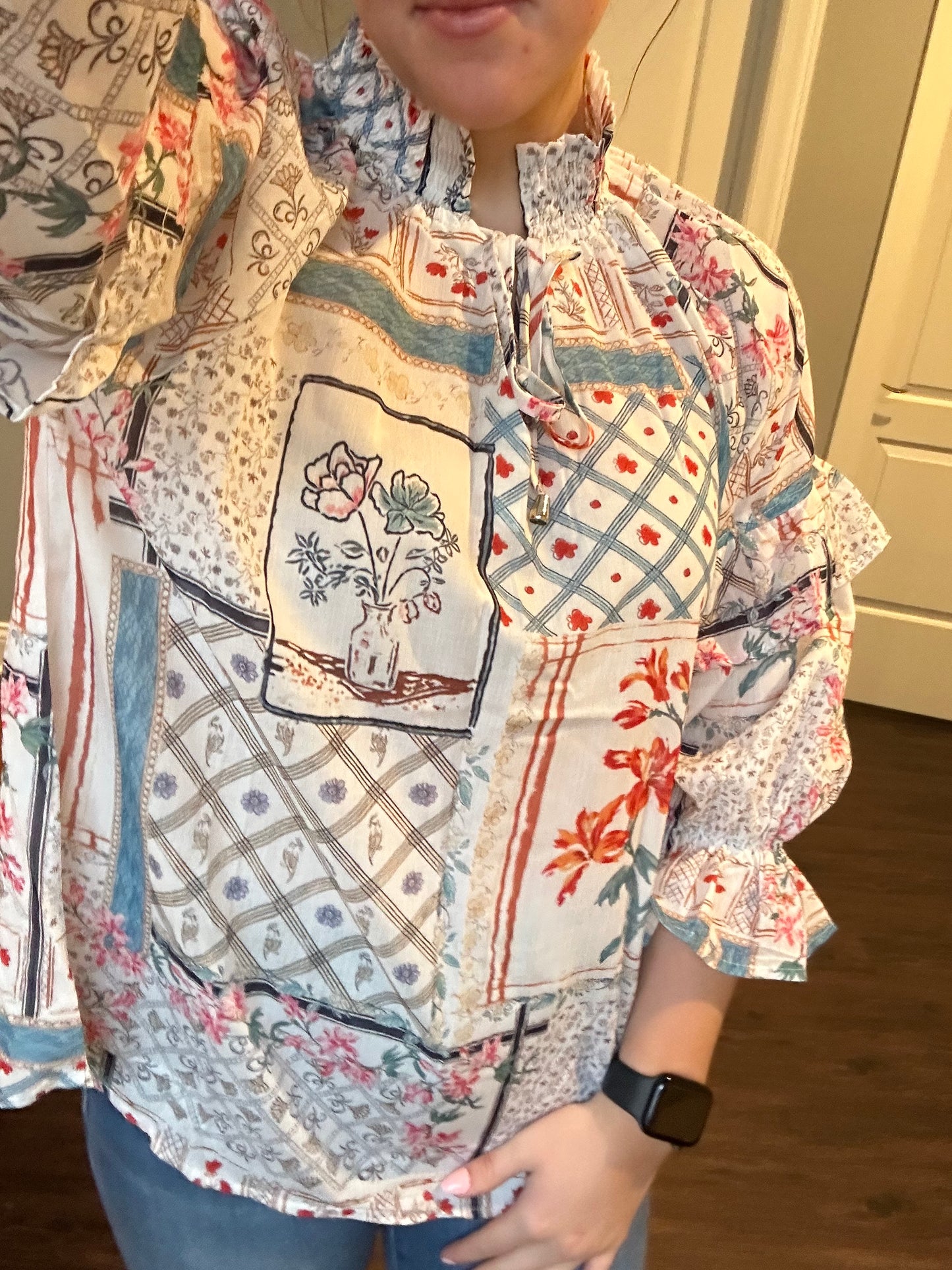 Multicolour Boho Floral Patched Ruffled Sleeve Tied Neck Blouse