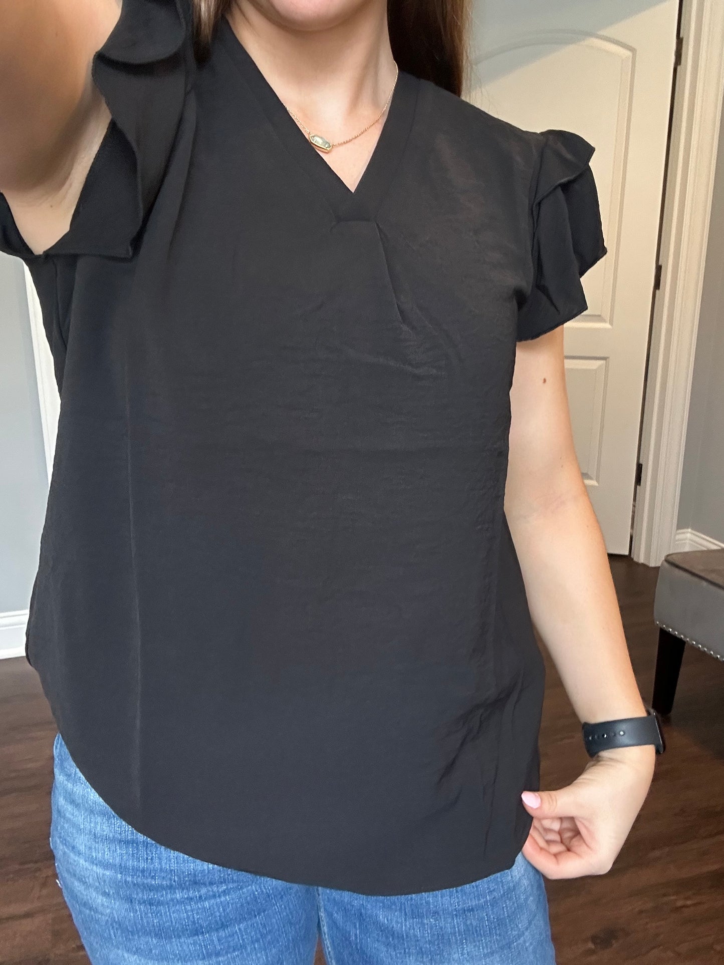 Black V Neck Ruffle Short Sleeve Blouse