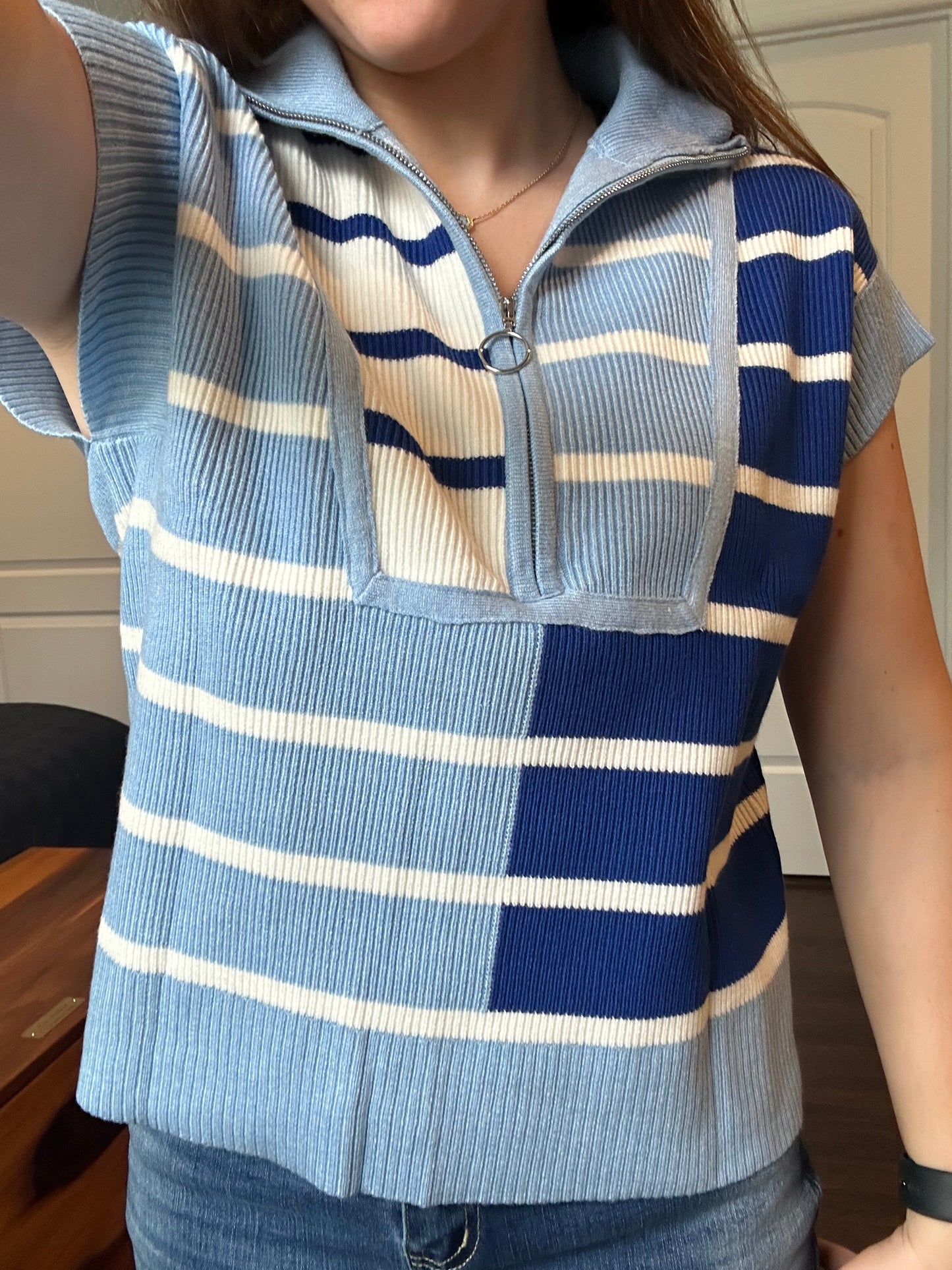 Sky Blue Stripe Colorblock Quarter Zip Collar Sweater Vest