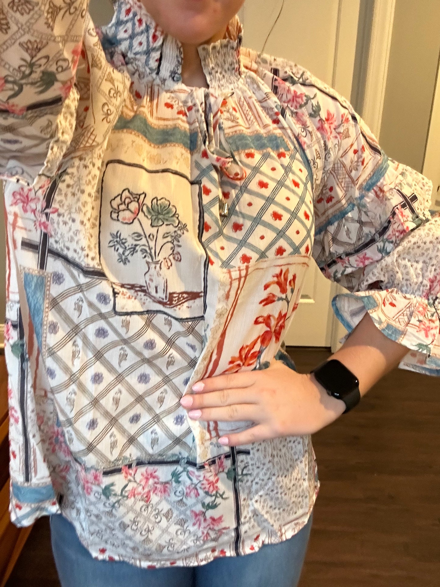 Multicolour Boho Floral Patched Ruffled Sleeve Tied Neck Blouse